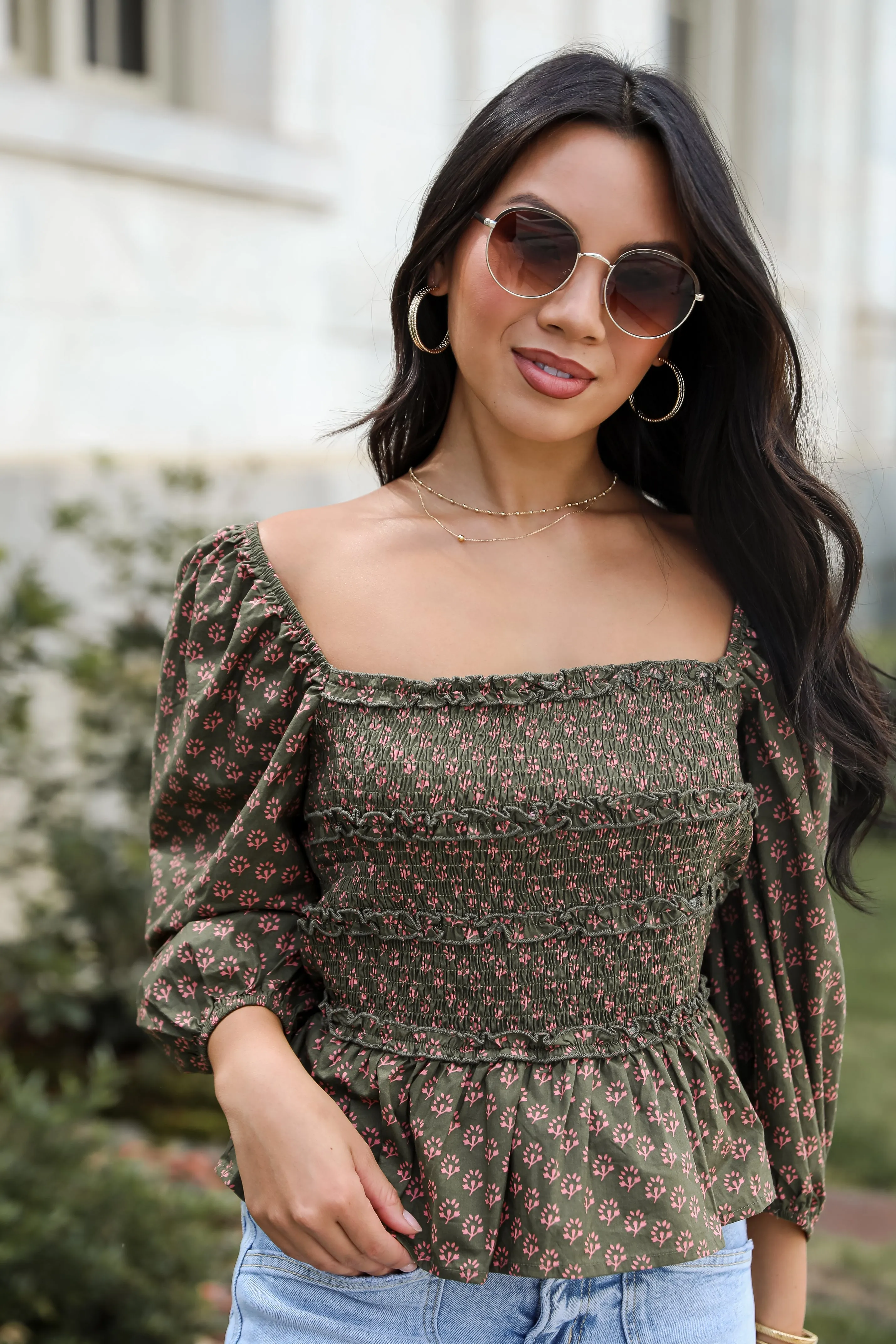 FINAL SALE - No One Cuter Olive Floral Smocked Blouse