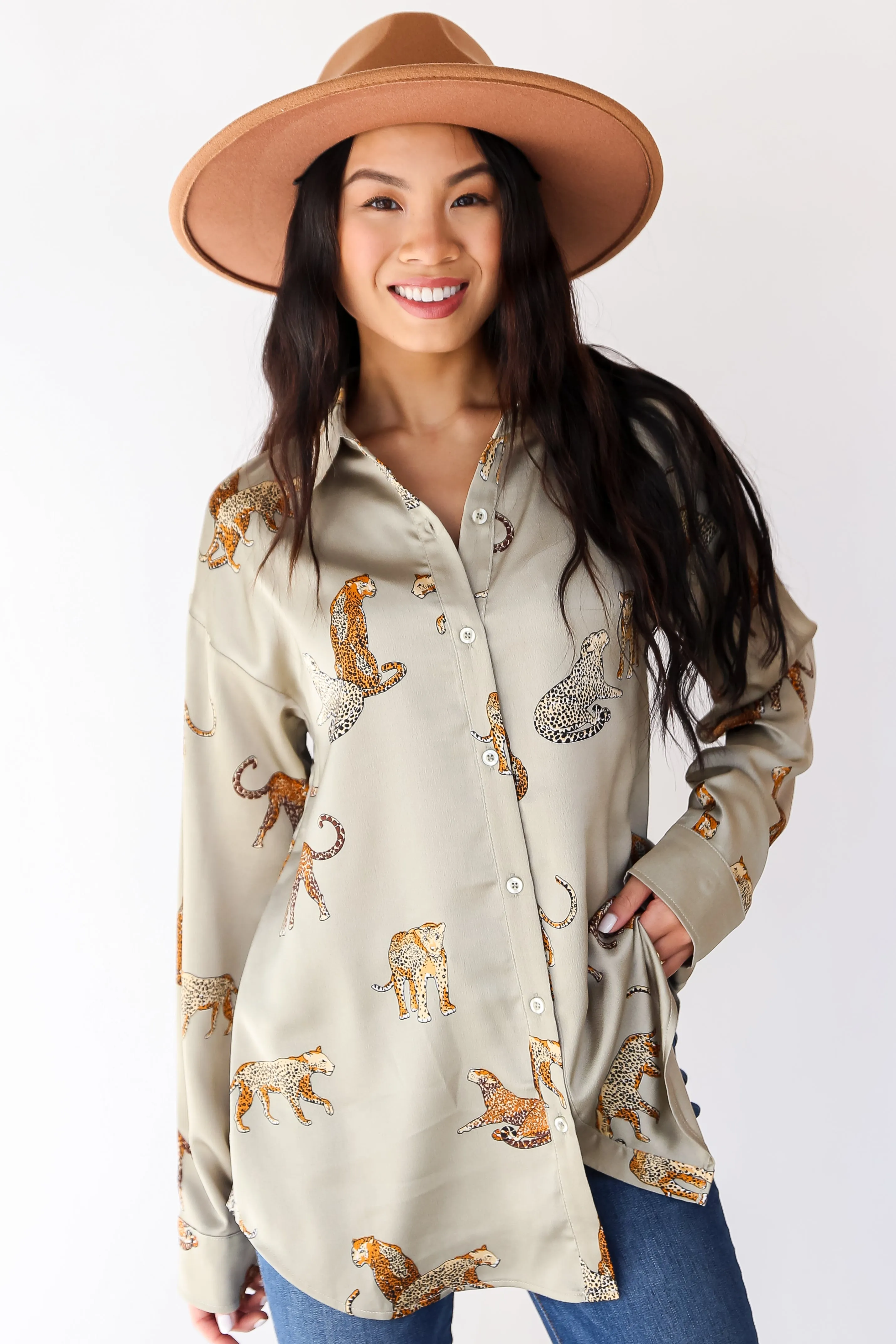FINAL SALE - Passionately Fashionable Sage Cheetah Button-Up Blouse