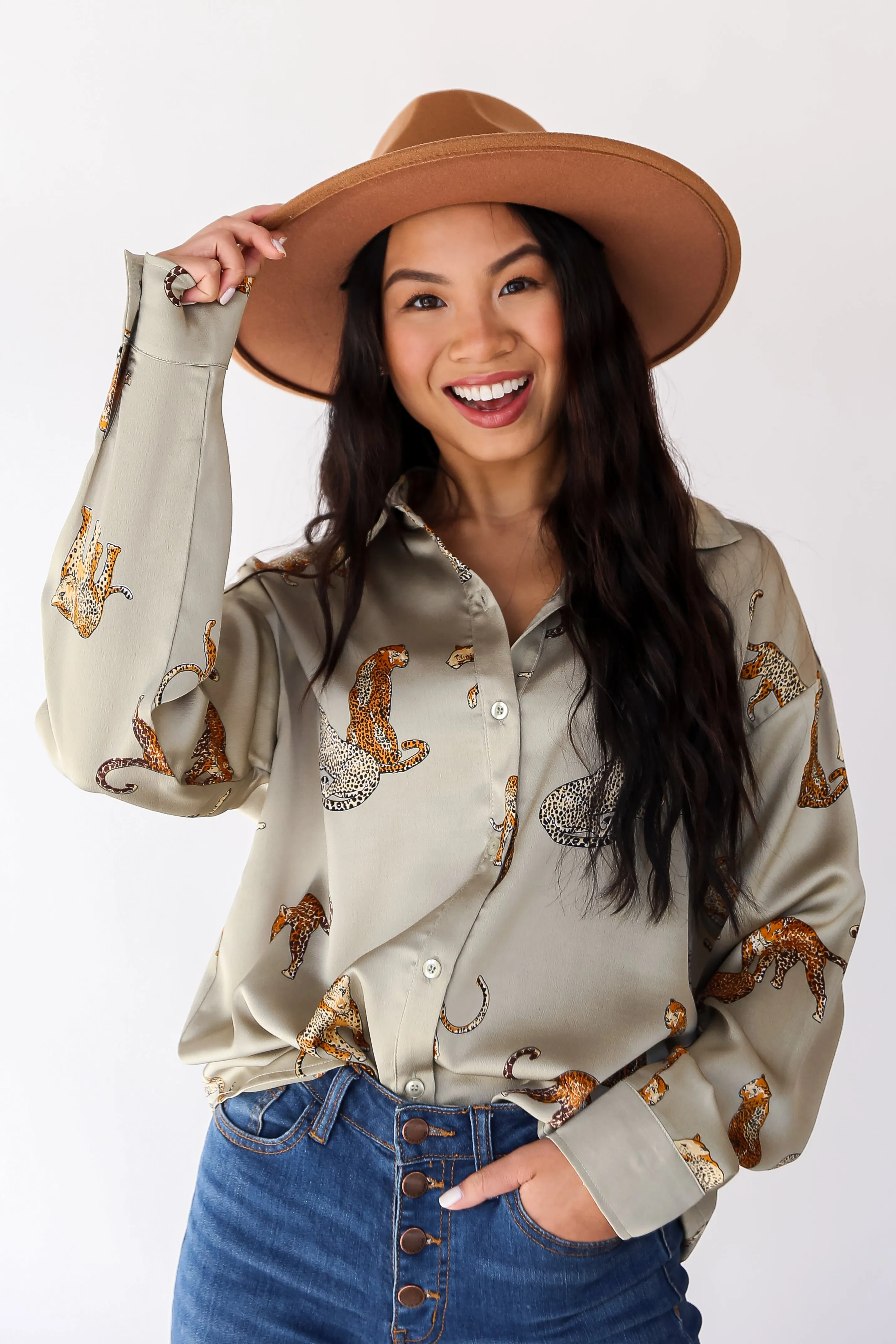 FINAL SALE - Passionately Fashionable Sage Cheetah Button-Up Blouse