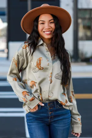 FINAL SALE - Passionately Fashionable Sage Cheetah Button-Up Blouse