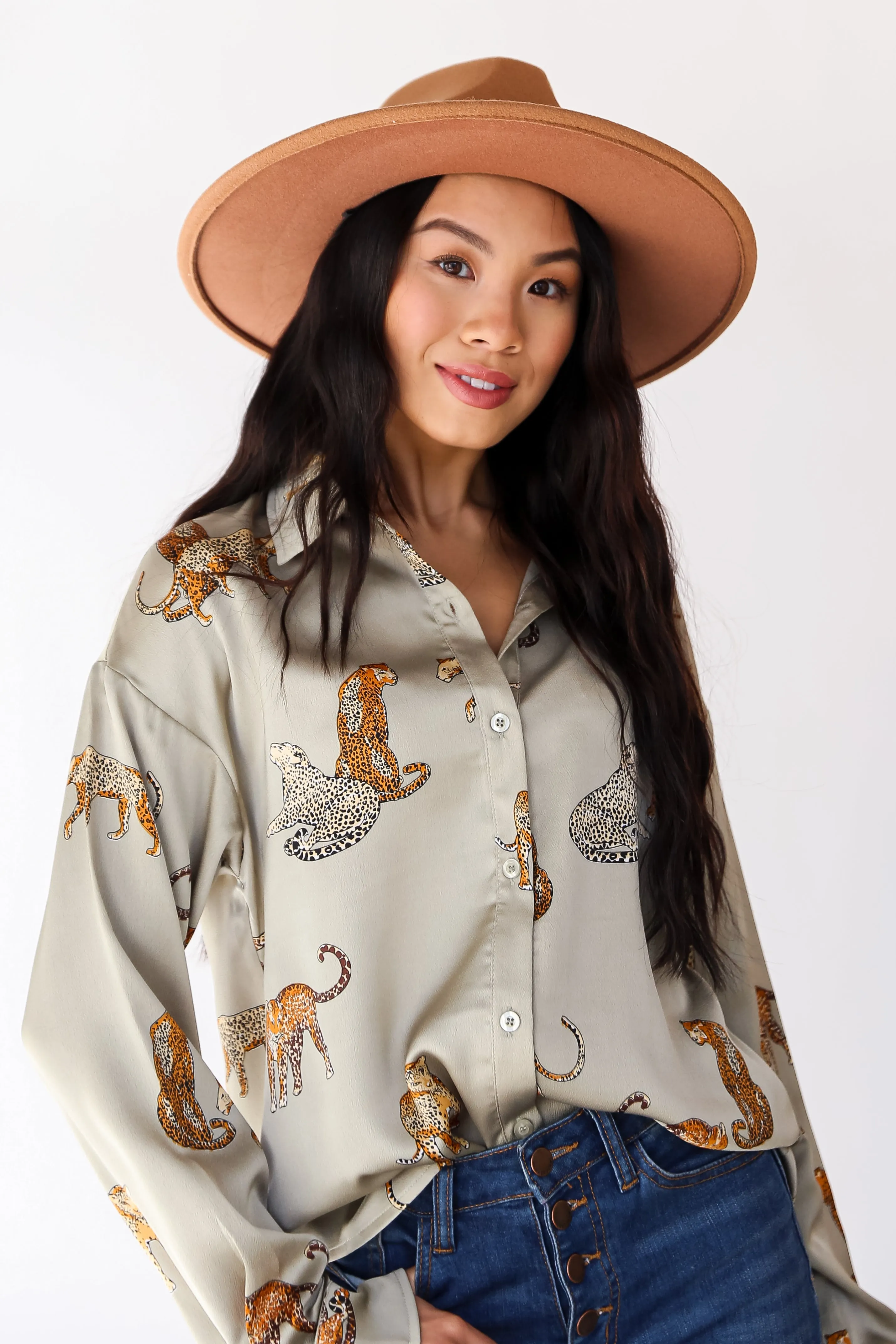 FINAL SALE - Passionately Fashionable Sage Cheetah Button-Up Blouse