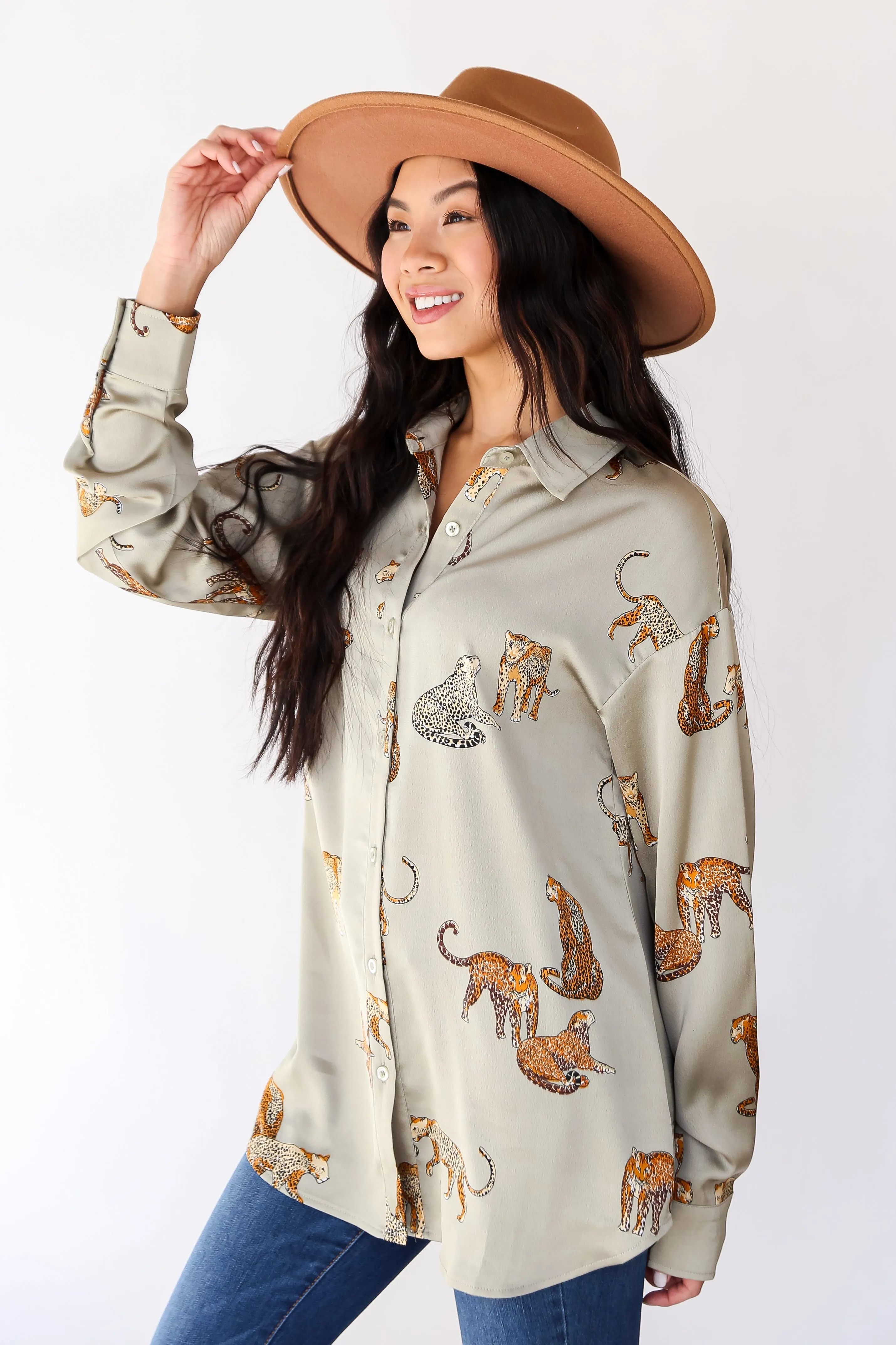 FINAL SALE - Passionately Fashionable Sage Cheetah Button-Up Blouse
