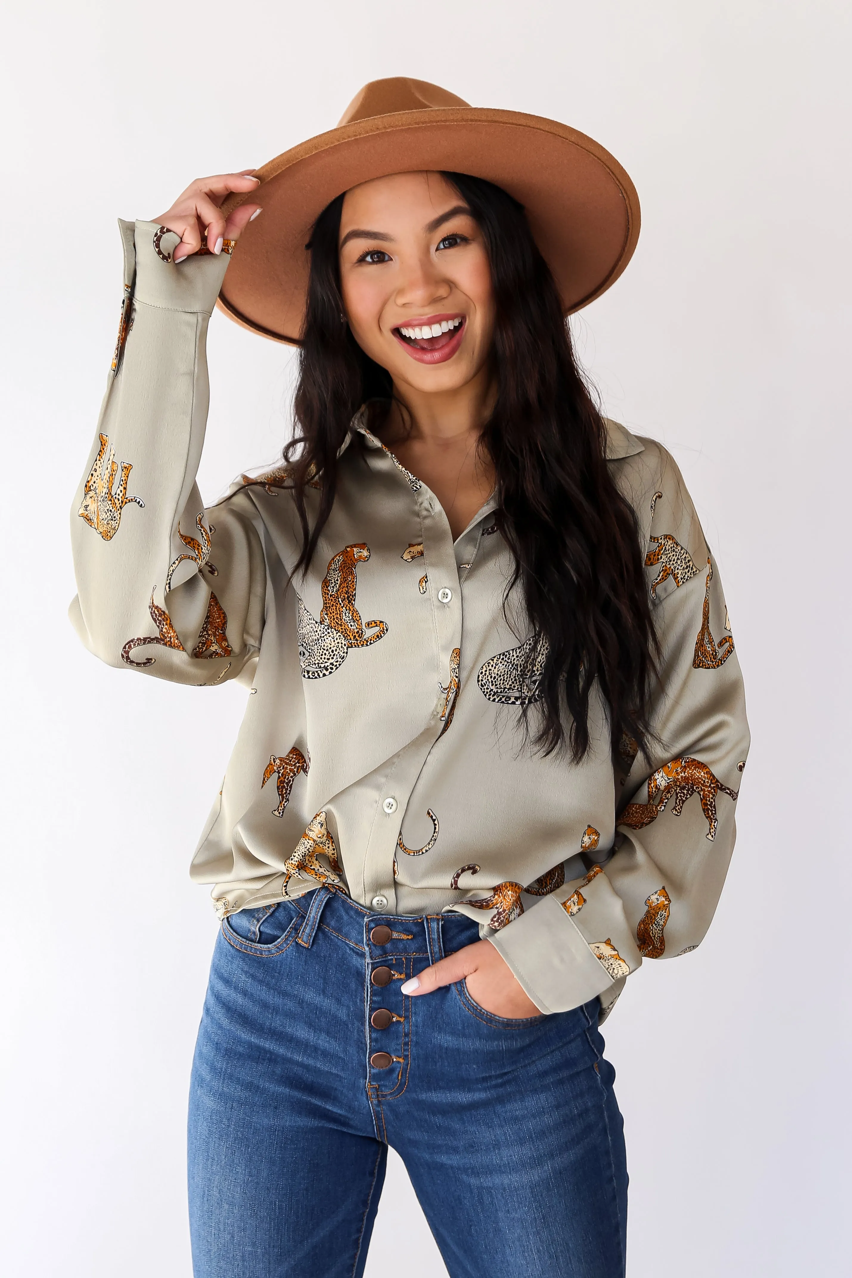 FINAL SALE - Passionately Fashionable Sage Cheetah Button-Up Blouse