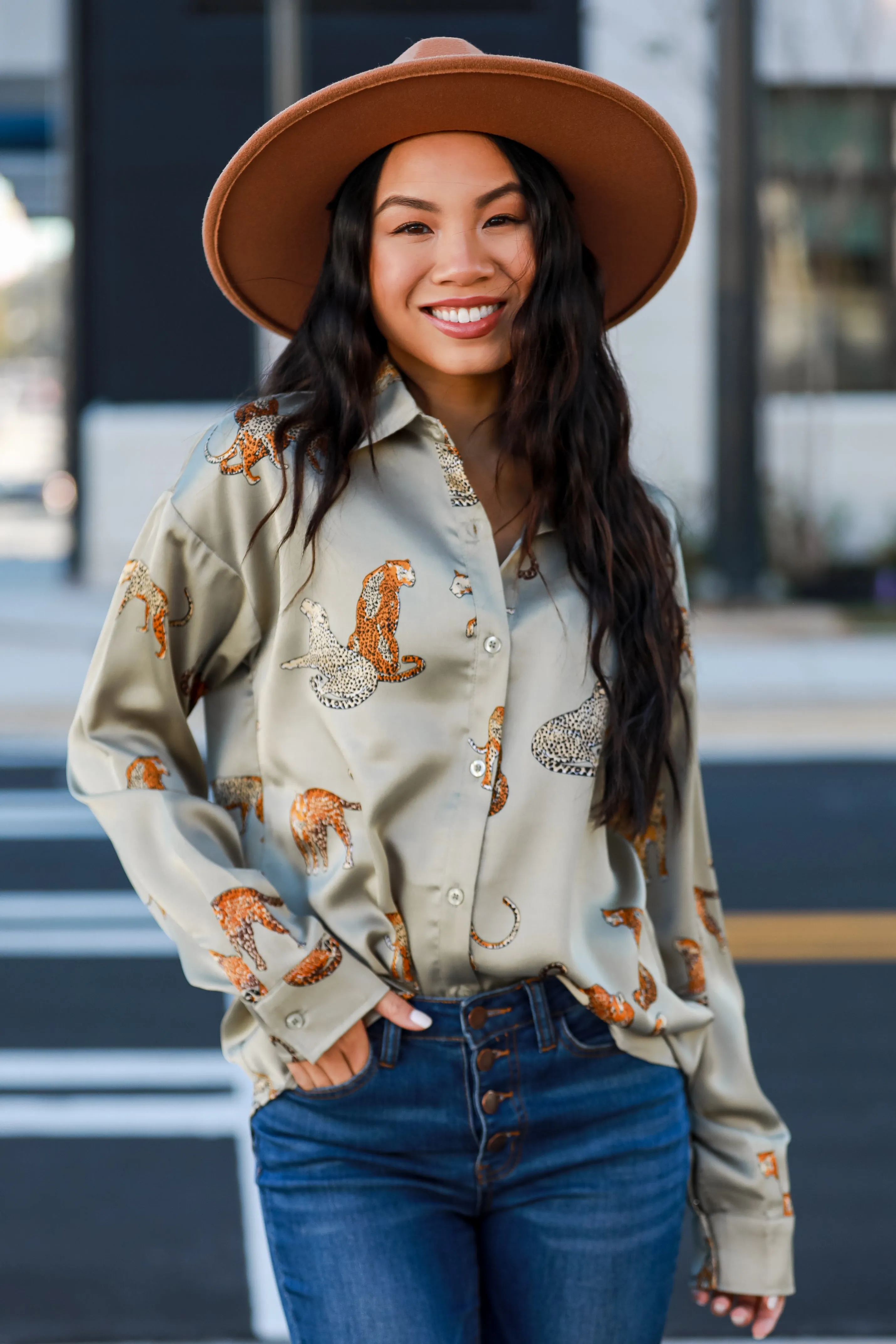 FINAL SALE - Passionately Fashionable Sage Cheetah Button-Up Blouse