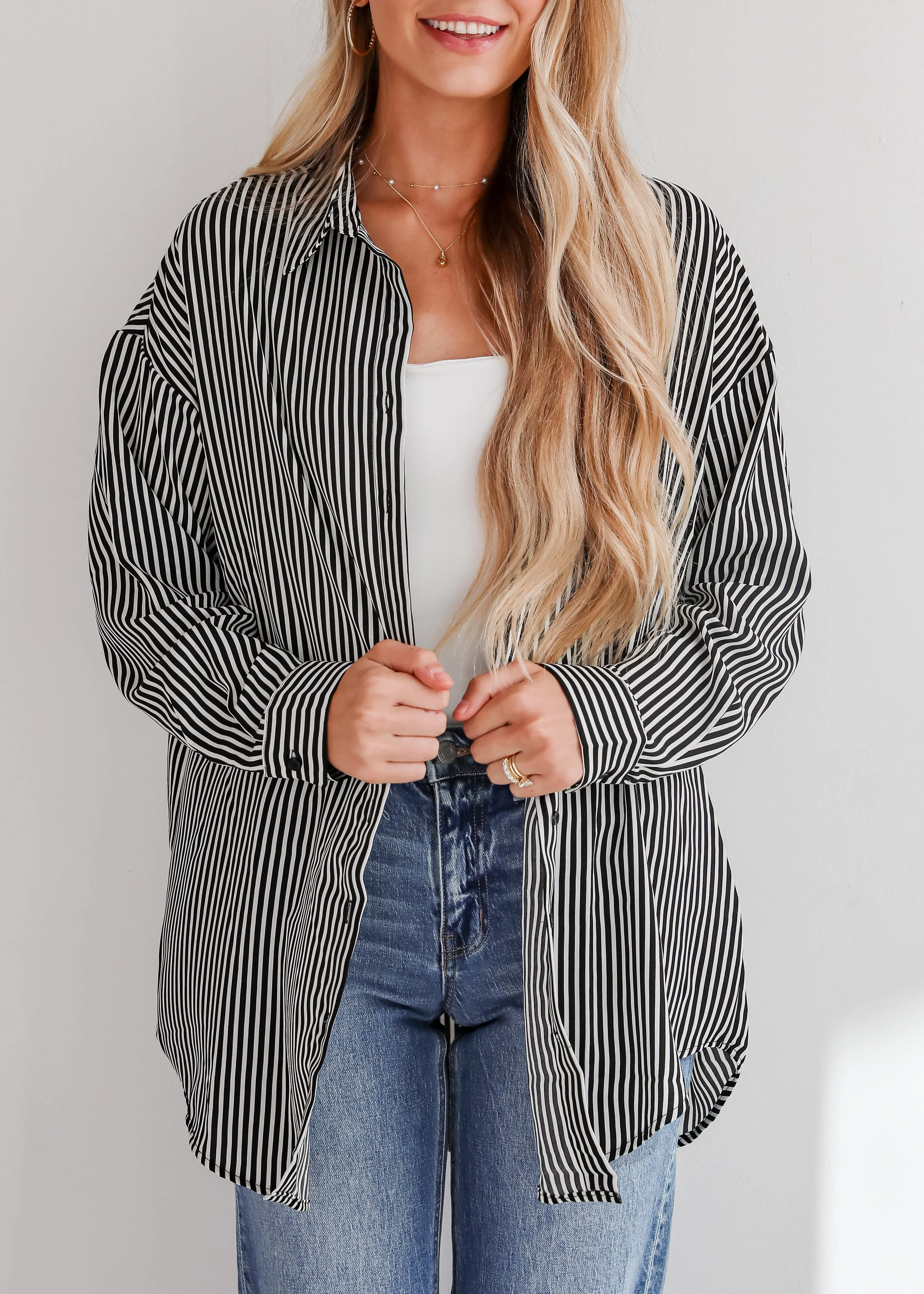 FINAL SALE - Playfully Composed Black Satin Striped Button-Up Blouse