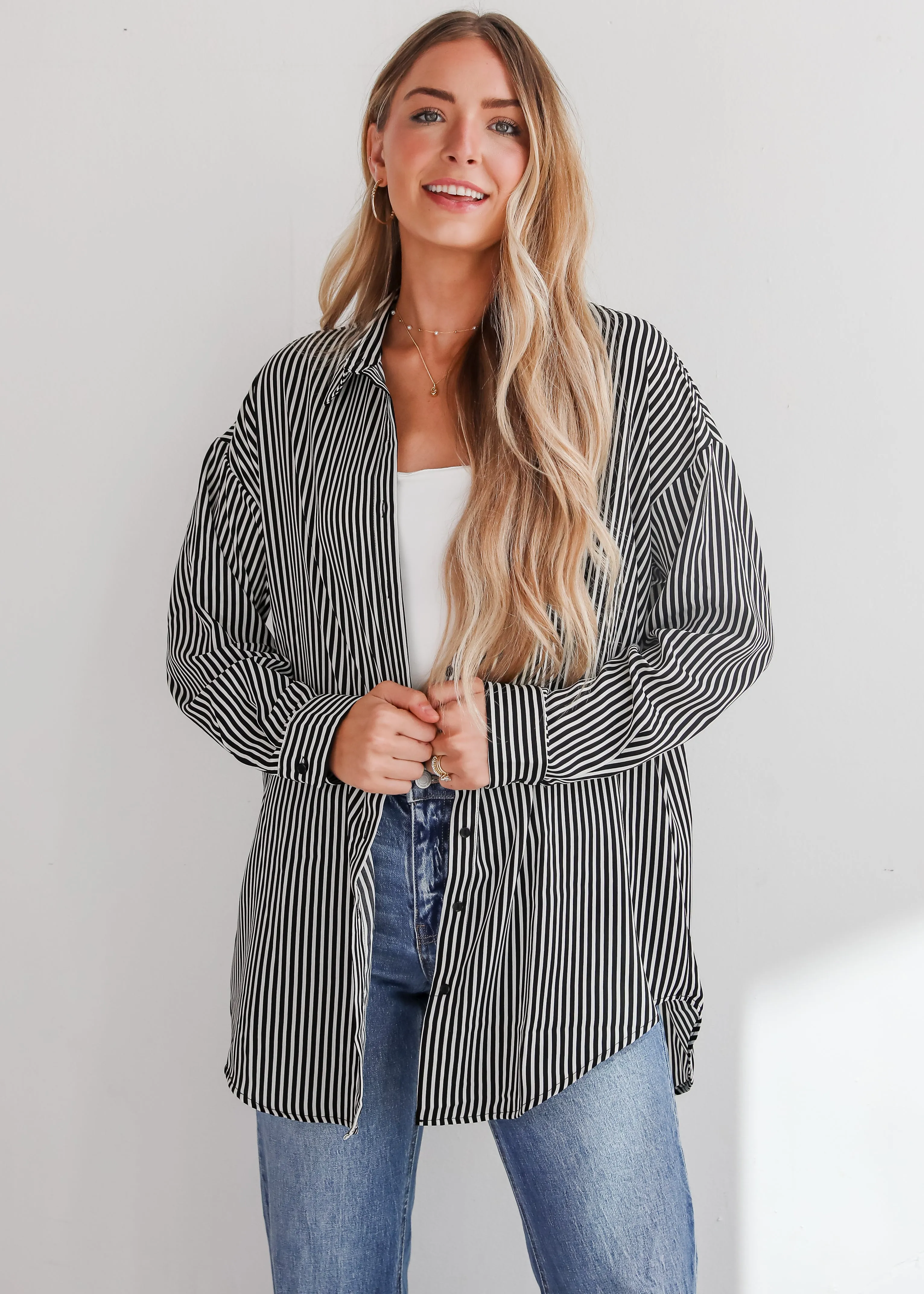 FINAL SALE - Playfully Composed Black Satin Striped Button-Up Blouse