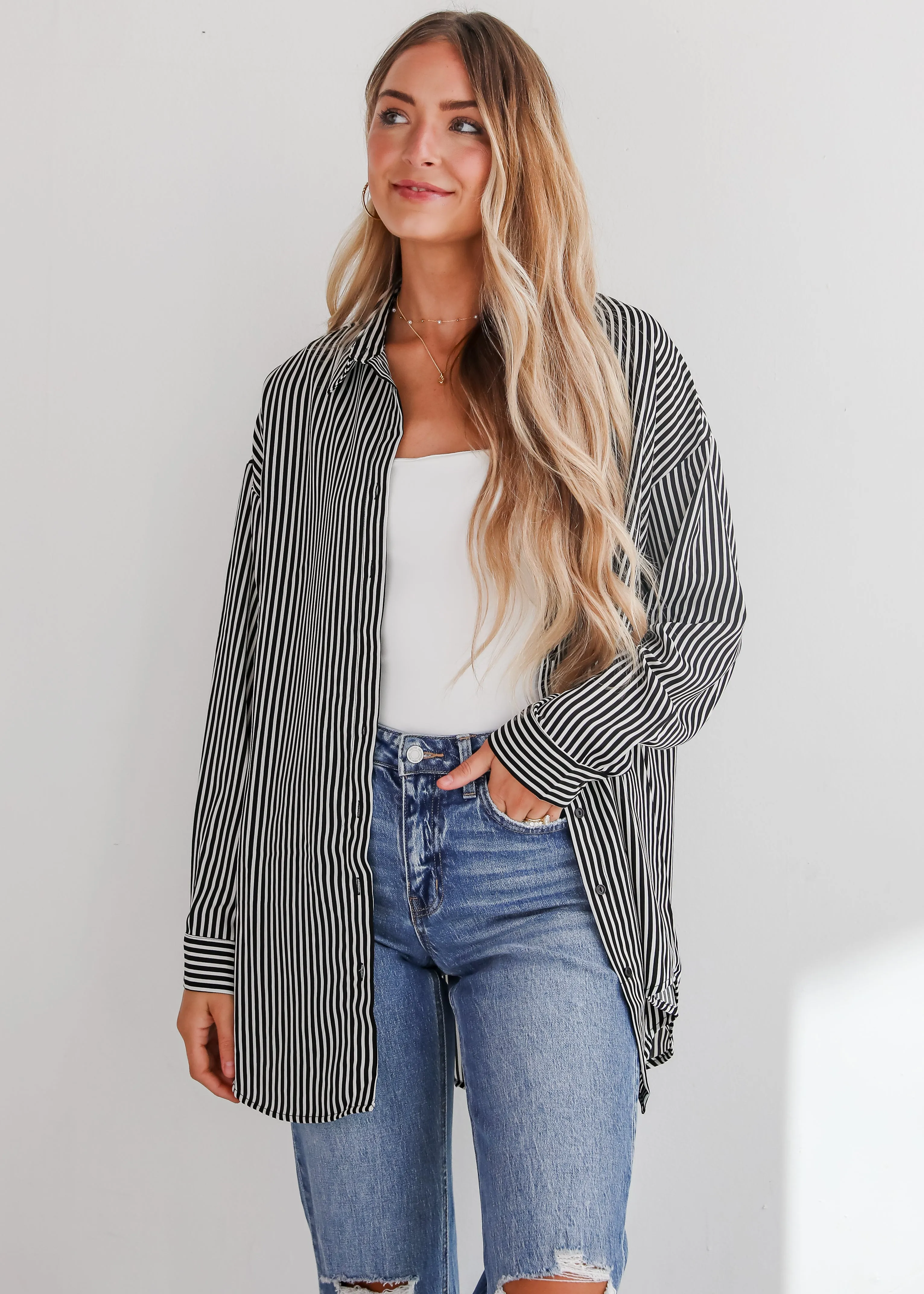 FINAL SALE - Playfully Composed Black Satin Striped Button-Up Blouse