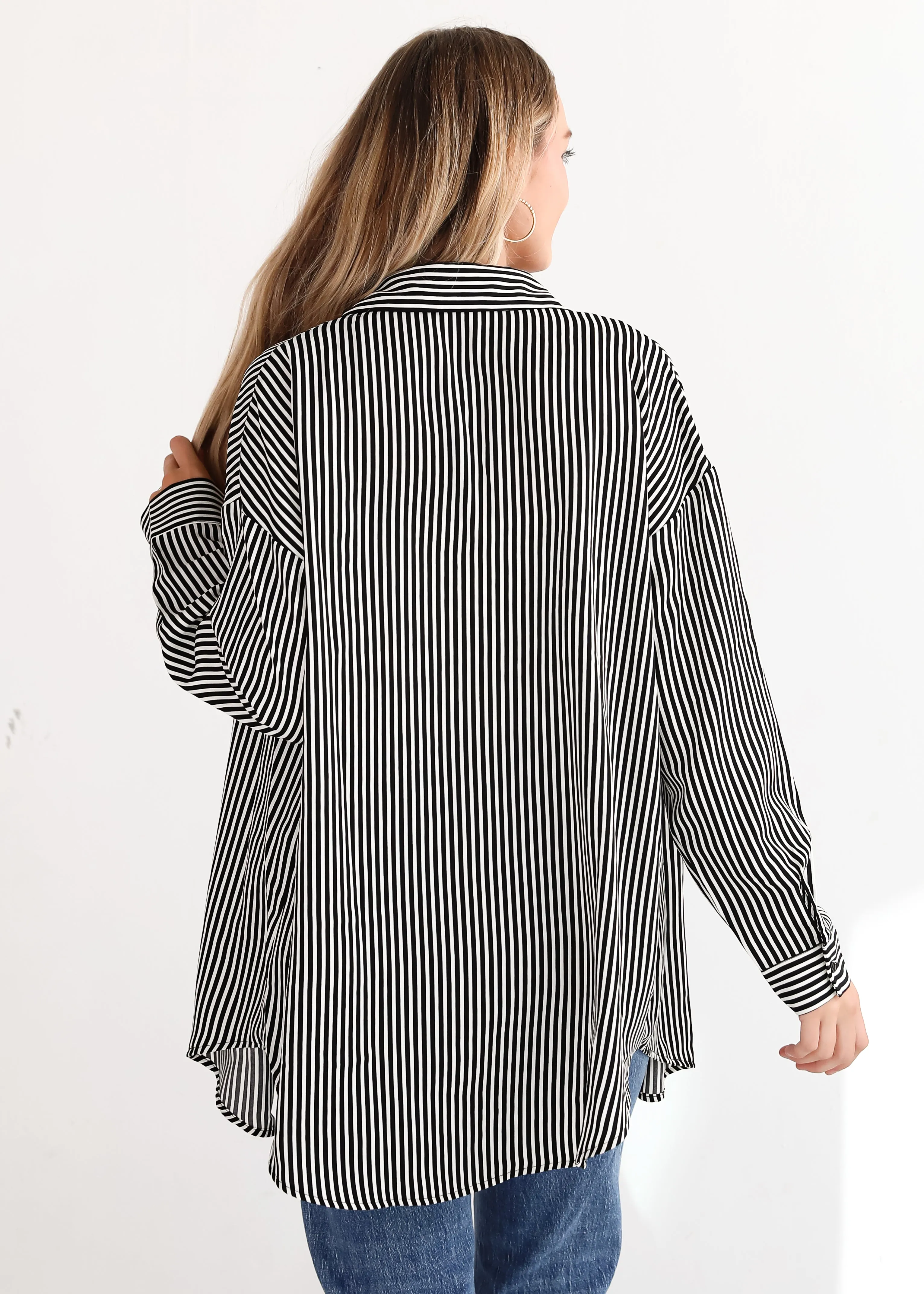FINAL SALE - Playfully Composed Black Satin Striped Button-Up Blouse