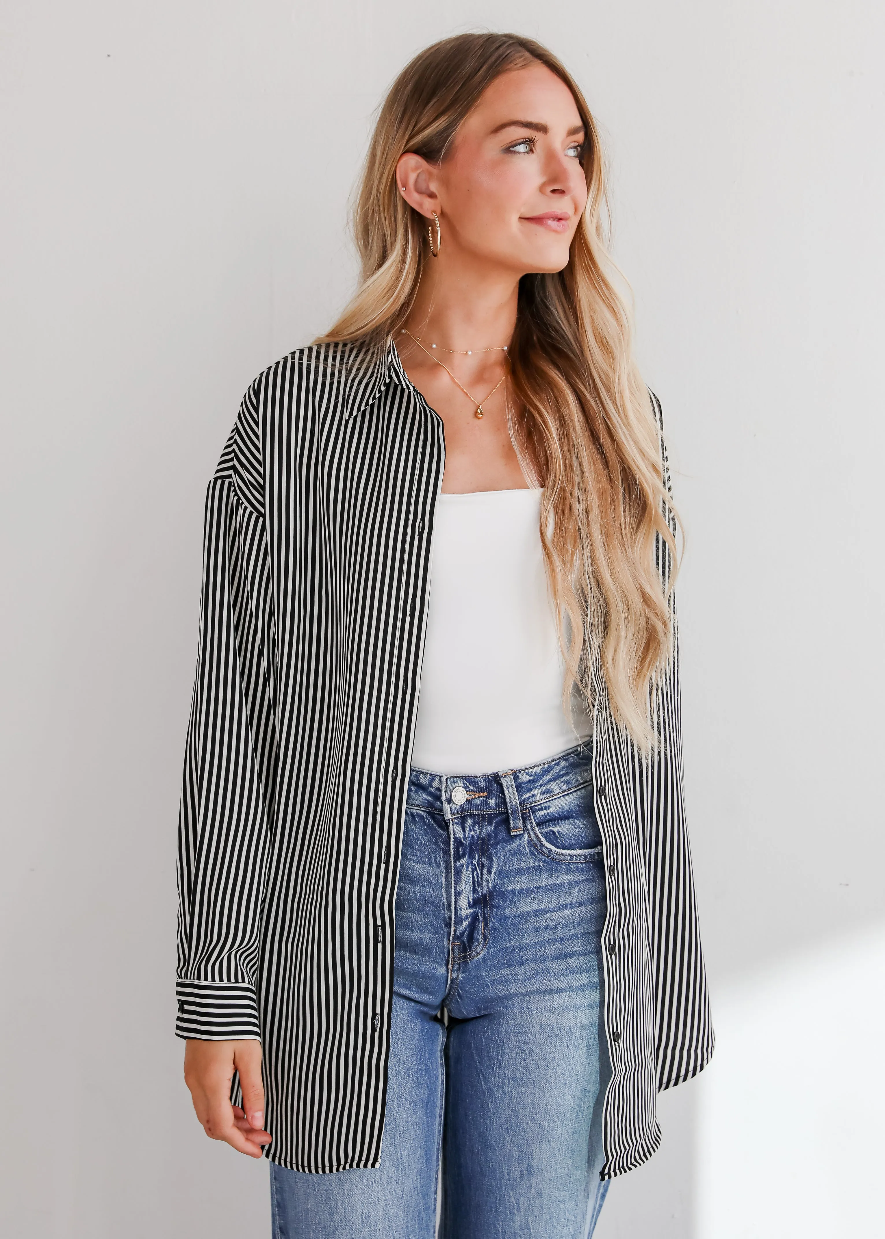 FINAL SALE - Playfully Composed Black Satin Striped Button-Up Blouse