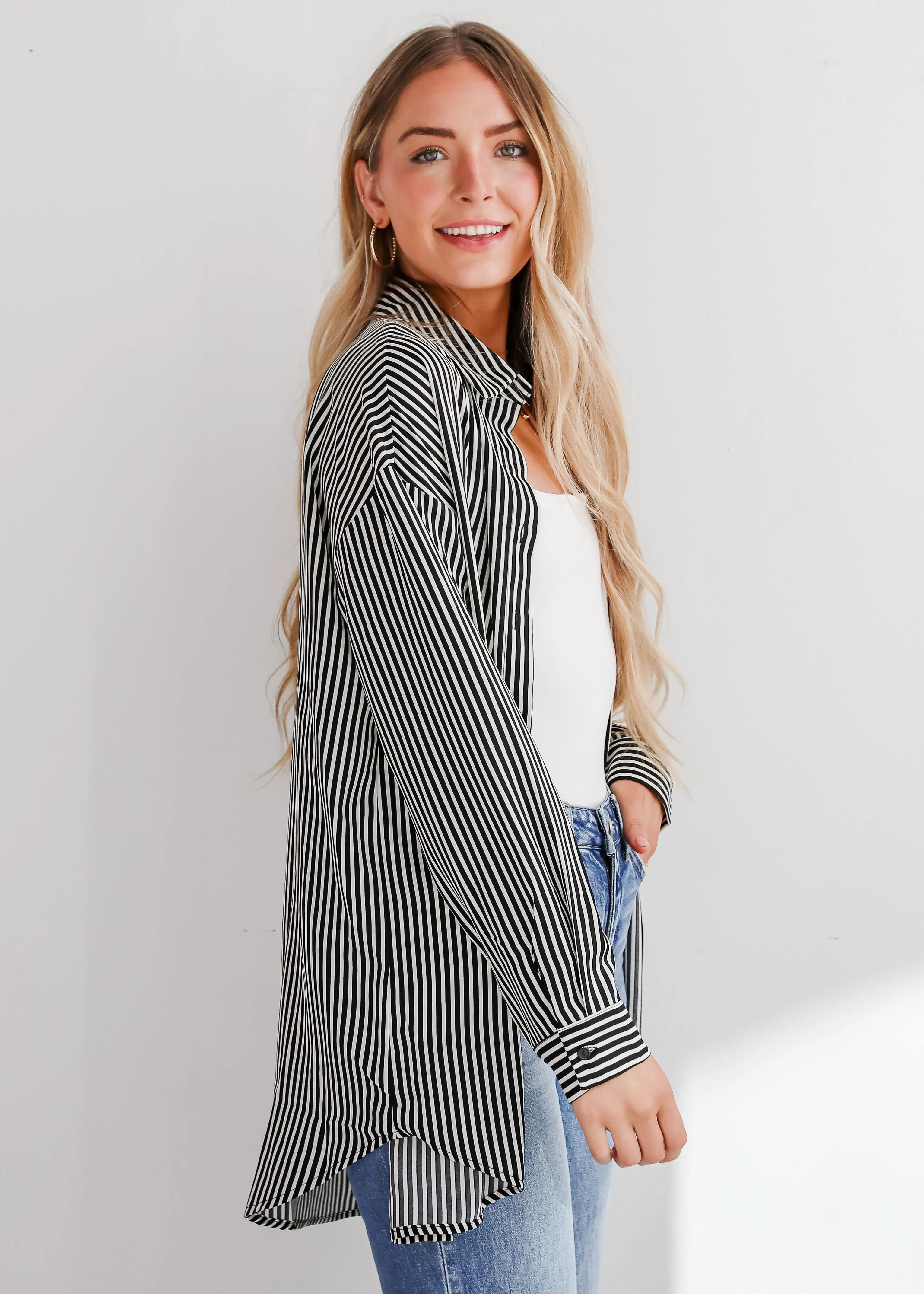 FINAL SALE - Playfully Composed Black Satin Striped Button-Up Blouse