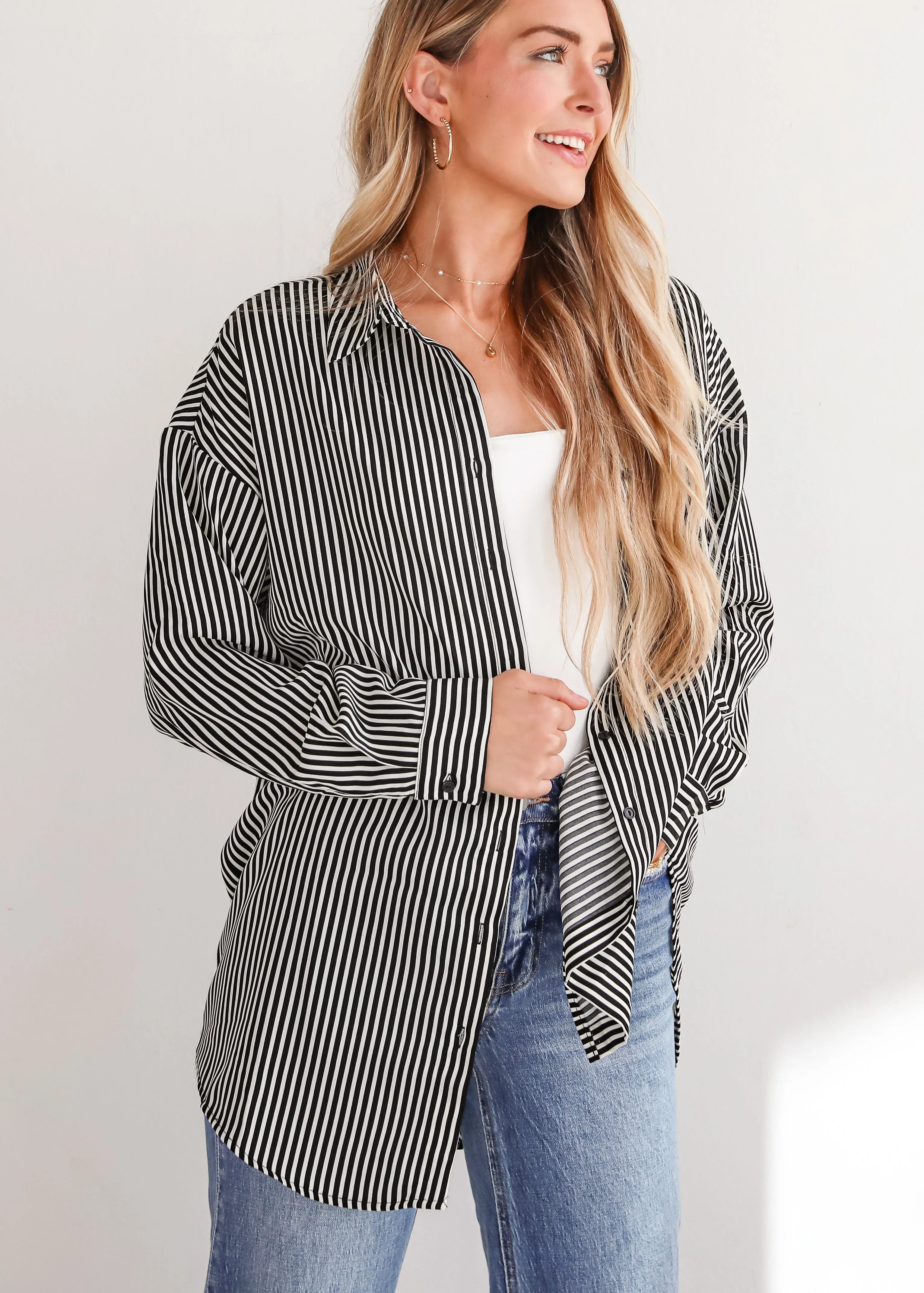 FINAL SALE - Playfully Composed Black Satin Striped Button-Up Blouse