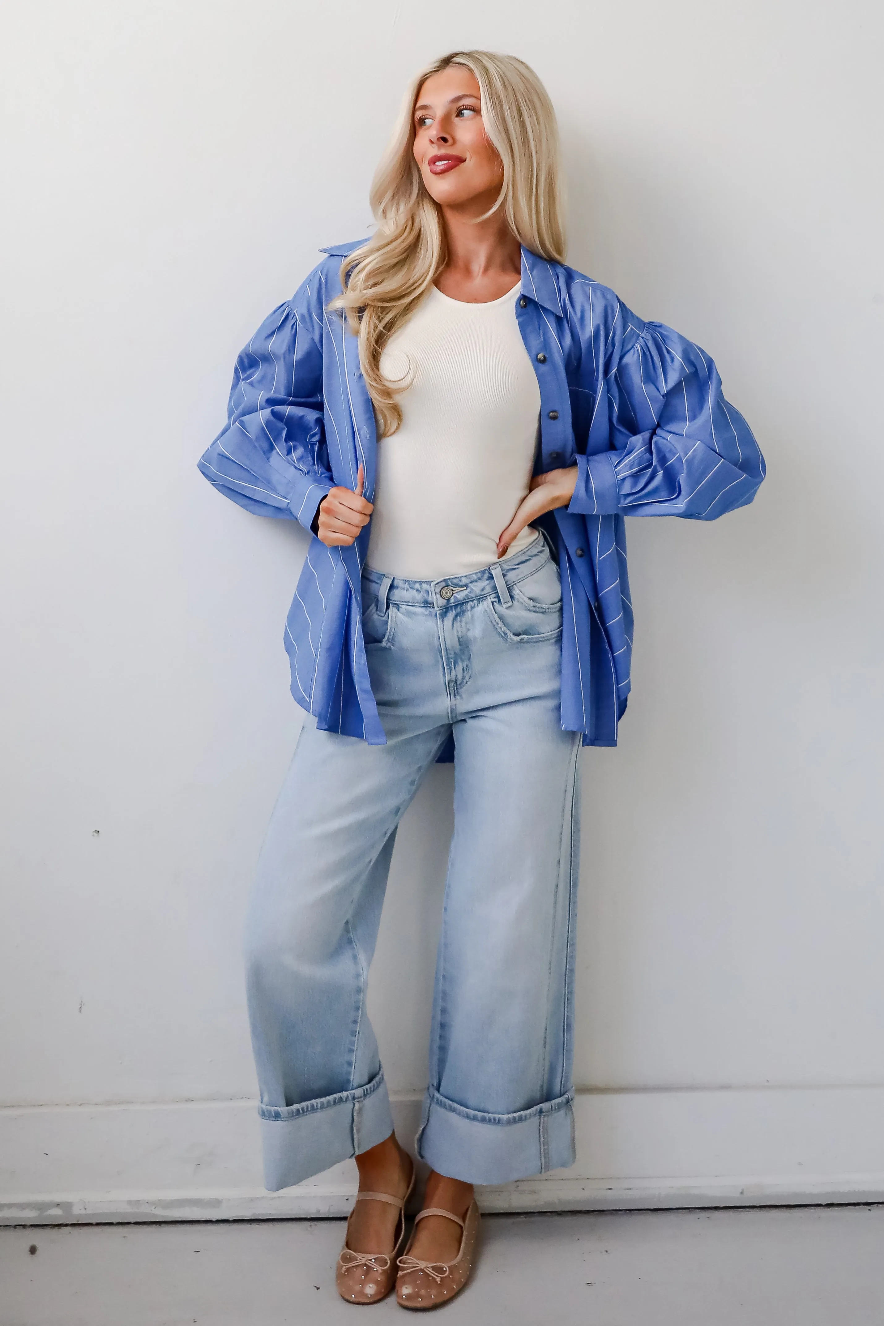 FINAL SALE - Polished Attitude Blue Pinstripe Button-Up Blouse