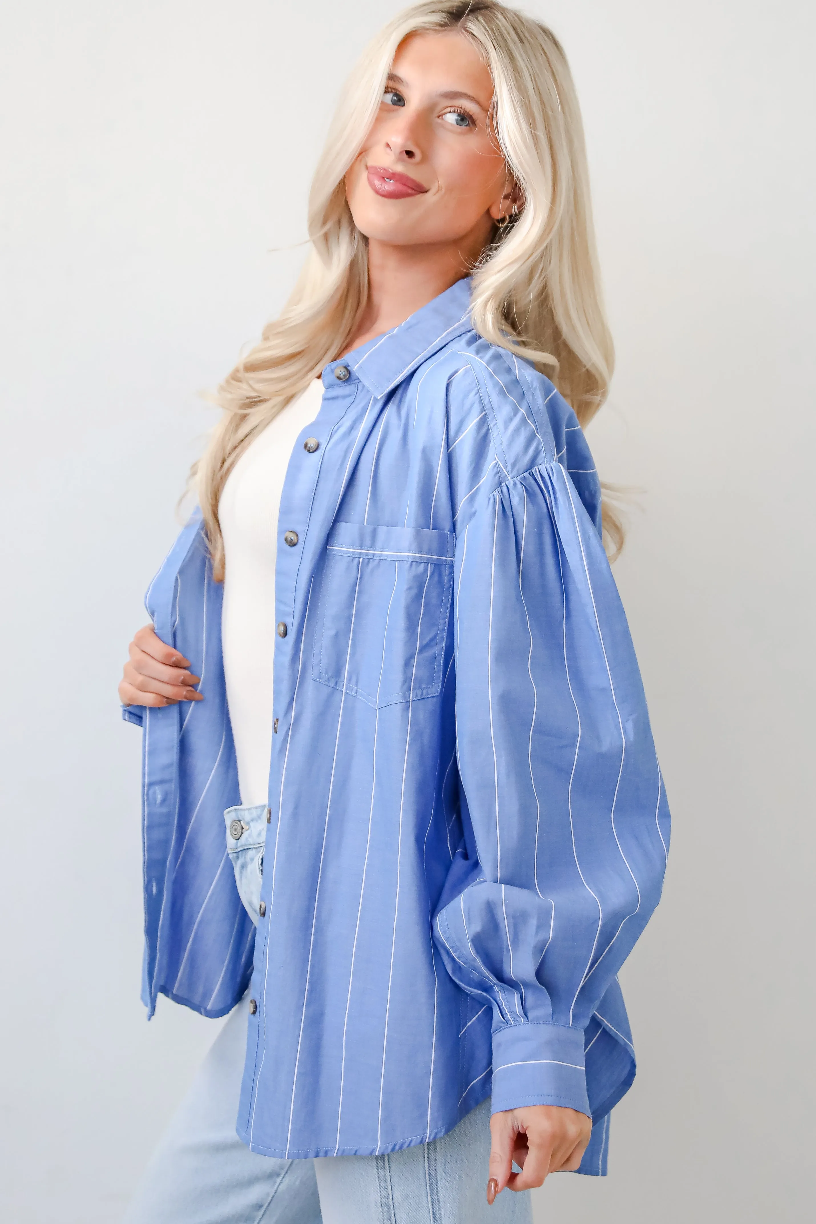 FINAL SALE - Polished Attitude Blue Pinstripe Button-Up Blouse