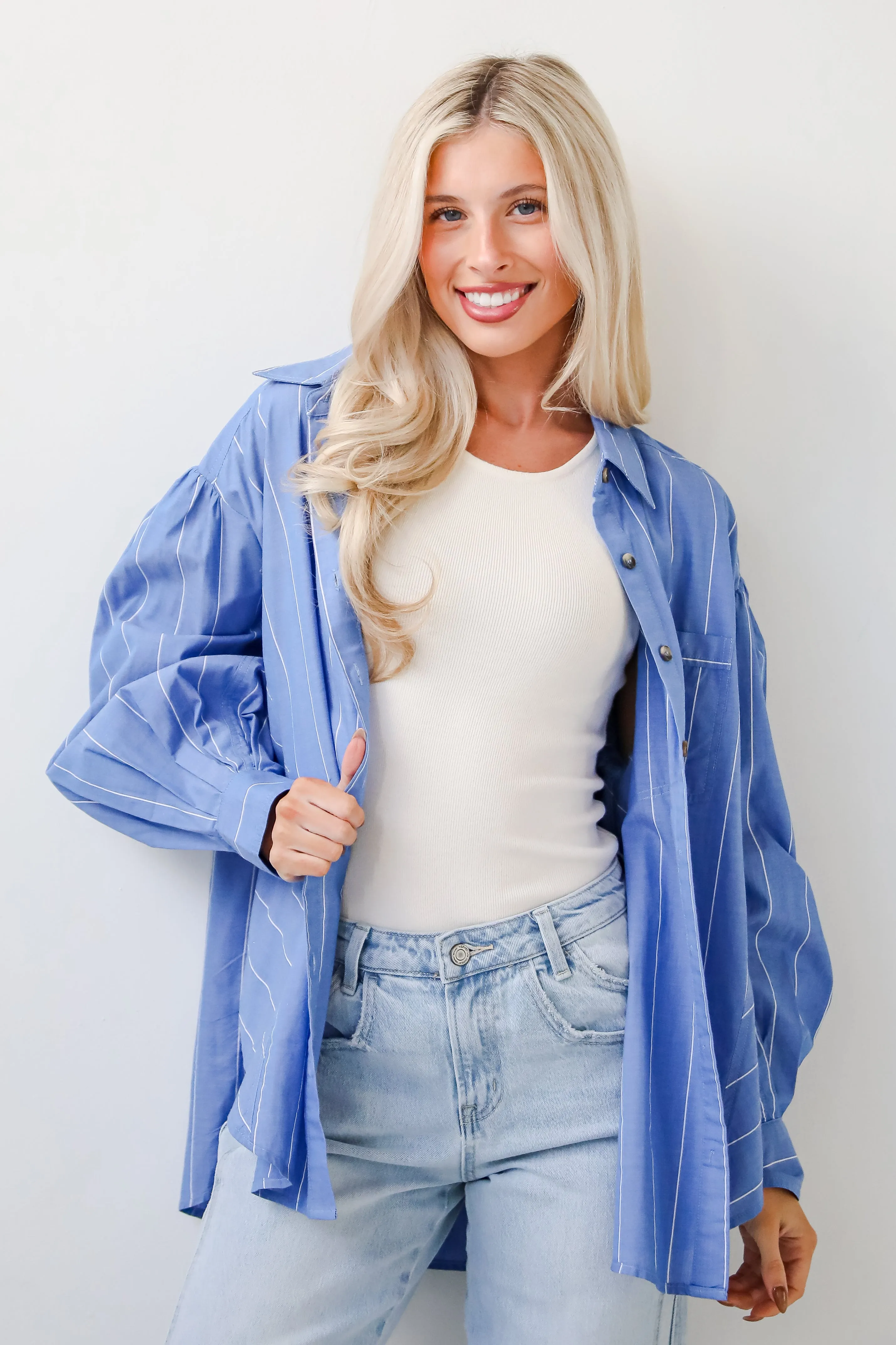 FINAL SALE - Polished Attitude Blue Pinstripe Button-Up Blouse