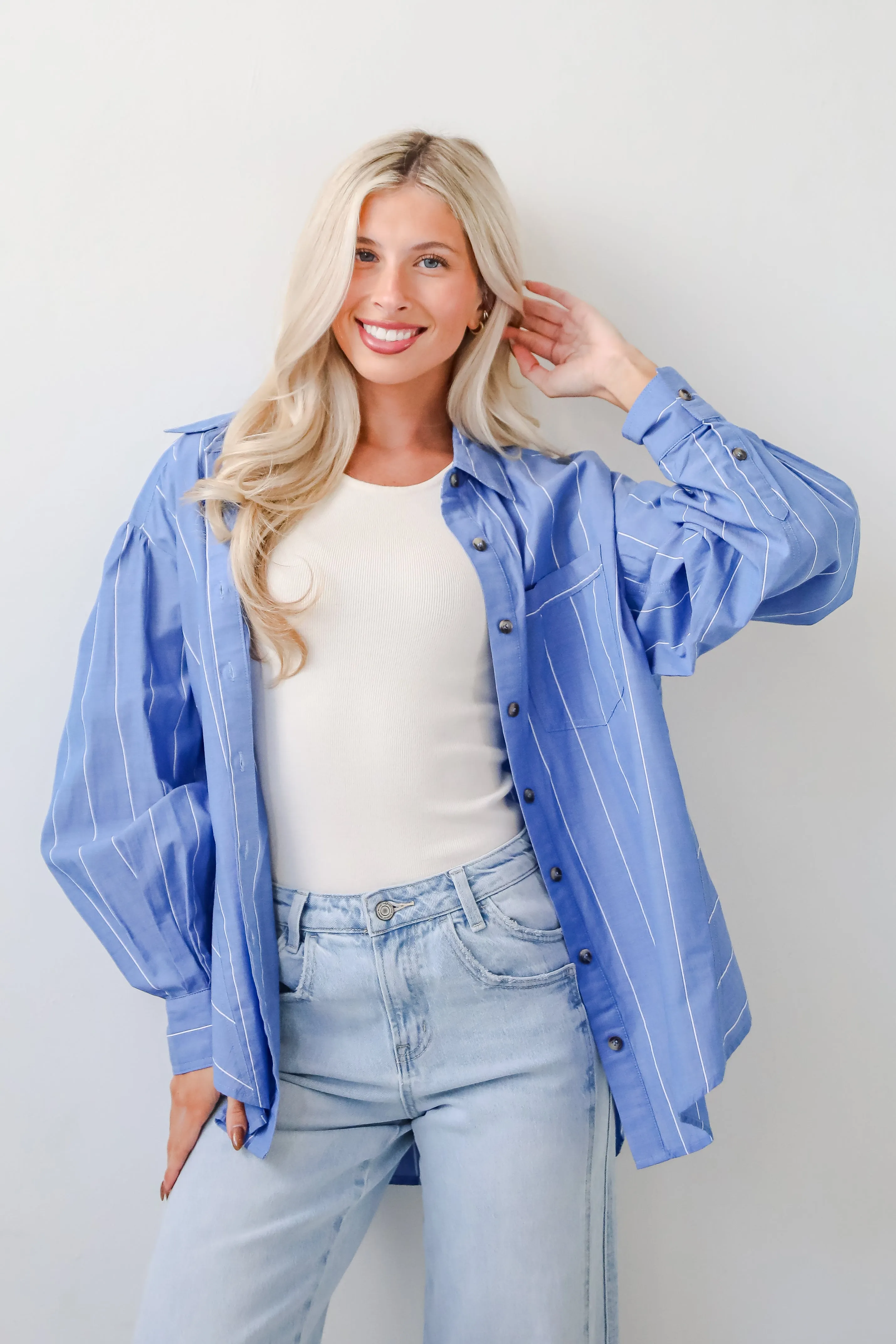 FINAL SALE - Polished Attitude Blue Pinstripe Button-Up Blouse