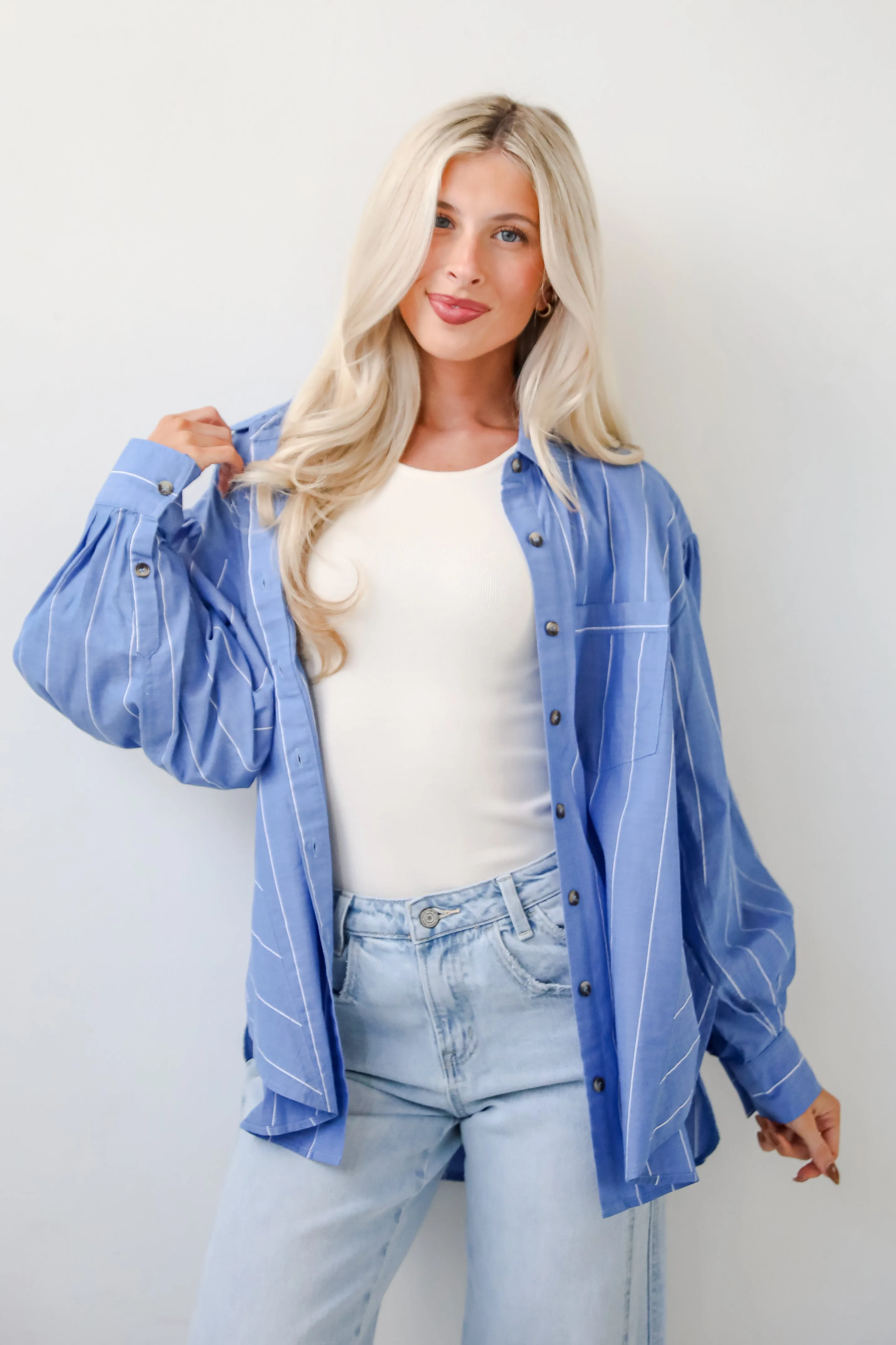 FINAL SALE - Polished Attitude Blue Pinstripe Button-Up Blouse