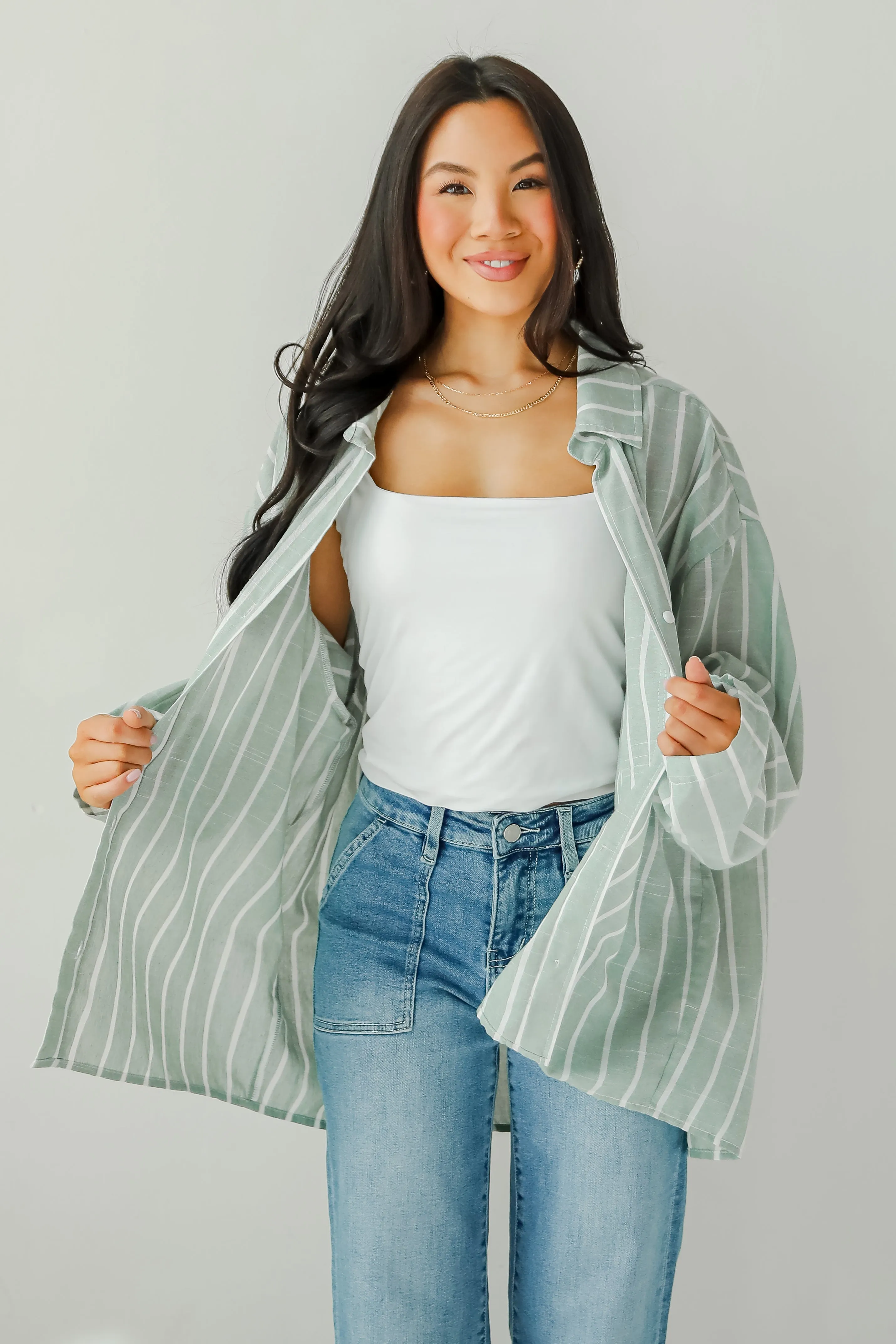 FINAL SALE - Pristine Muse Sage Striped Button-Up Blouse