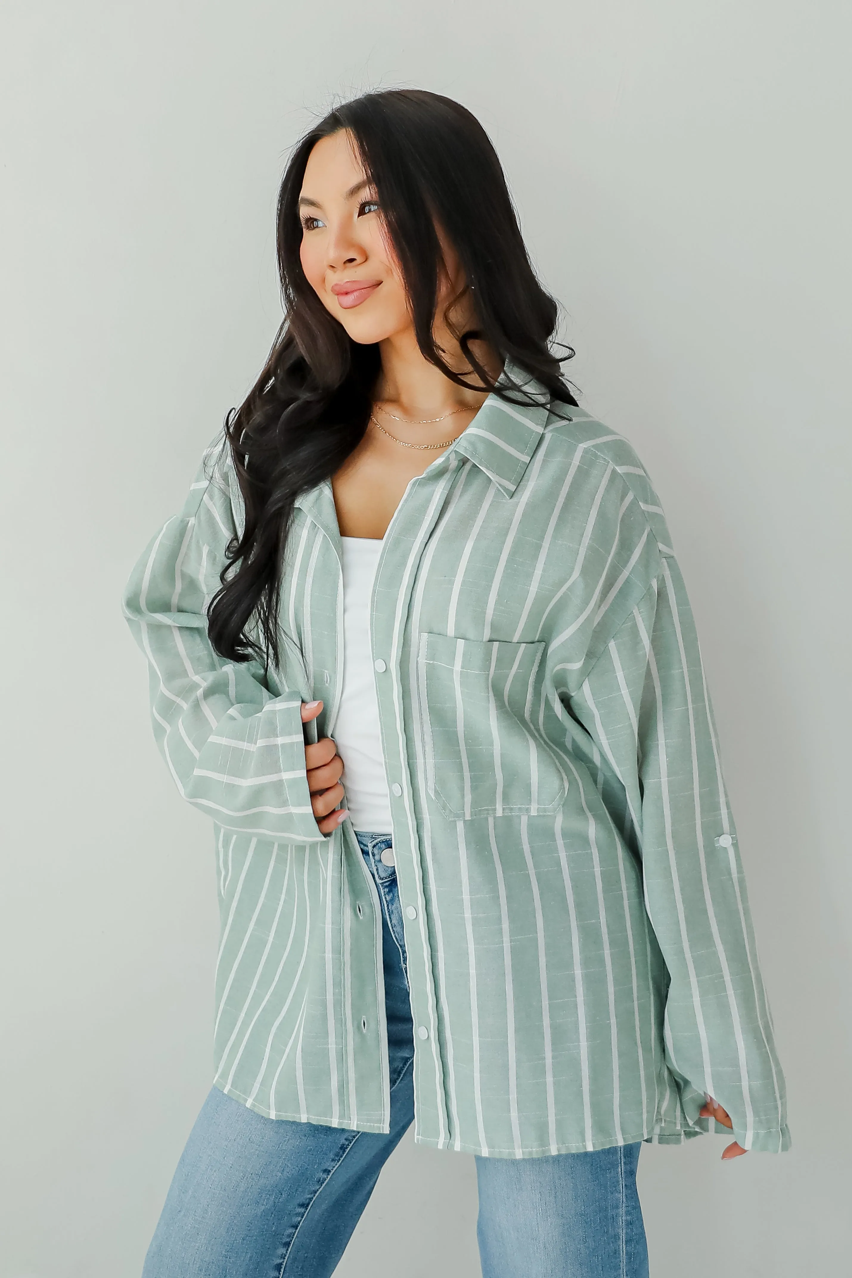 FINAL SALE - Pristine Muse Sage Striped Button-Up Blouse