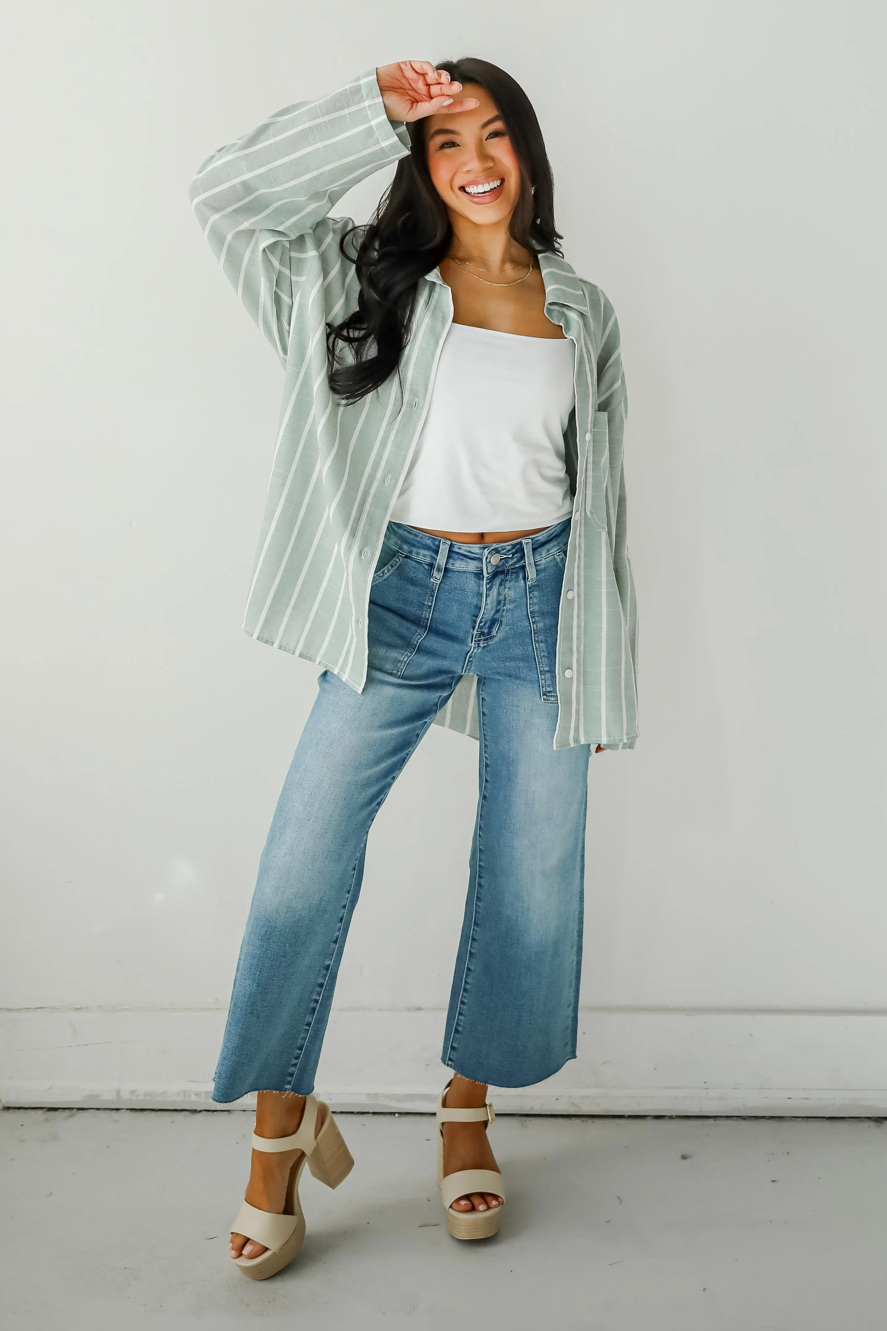 FINAL SALE - Pristine Muse Sage Striped Button-Up Blouse