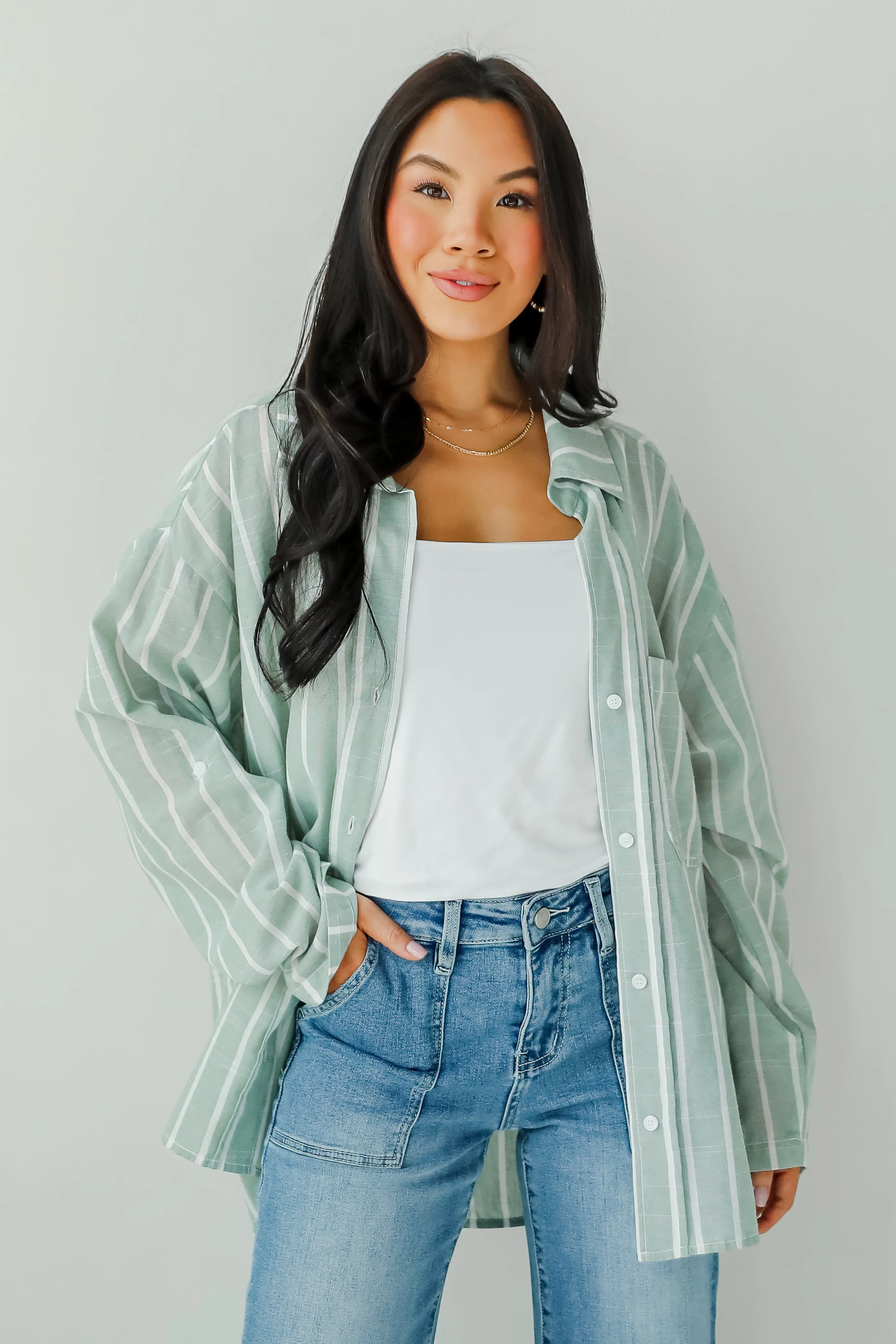 FINAL SALE - Pristine Muse Sage Striped Button-Up Blouse