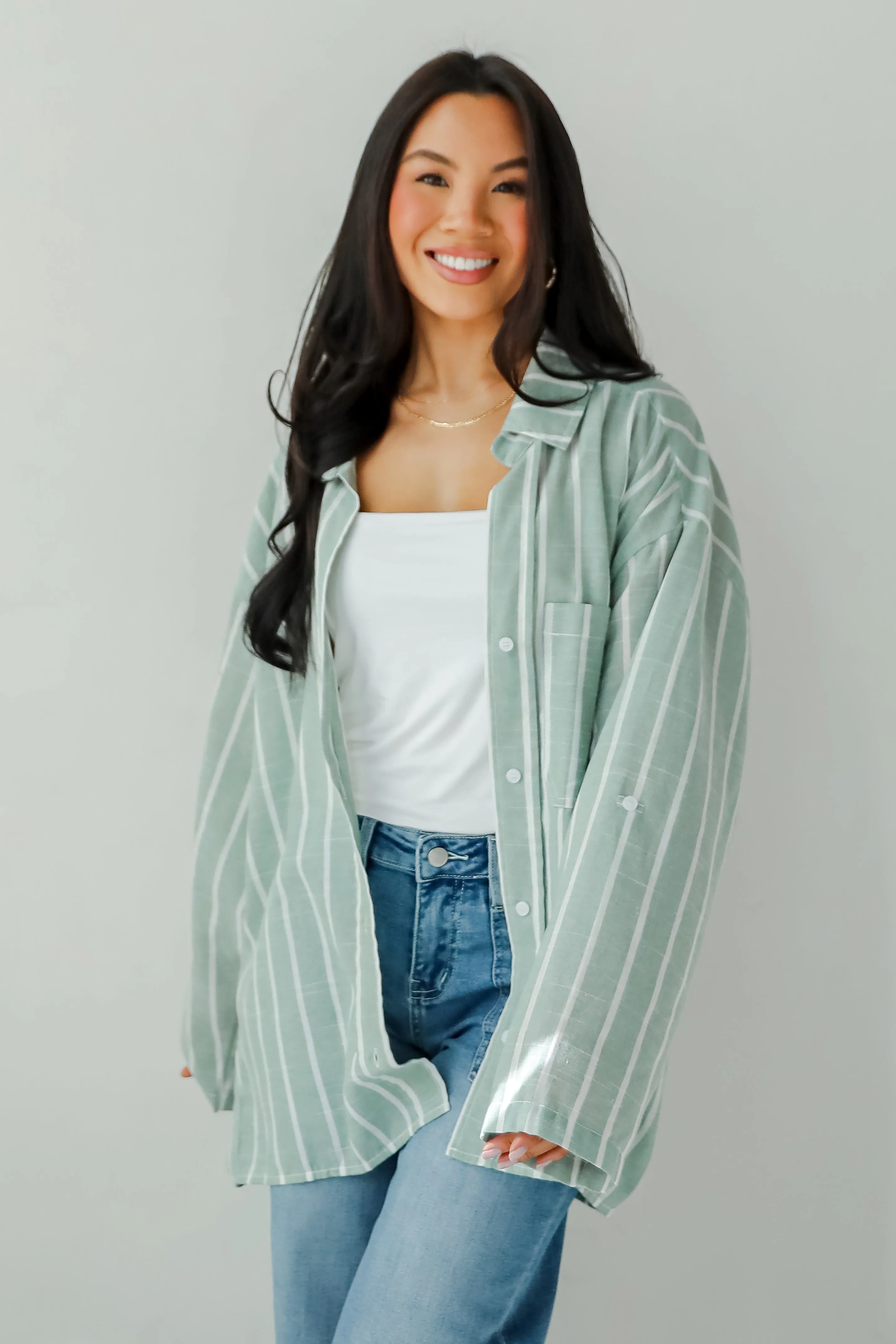 FINAL SALE - Pristine Muse Sage Striped Button-Up Blouse