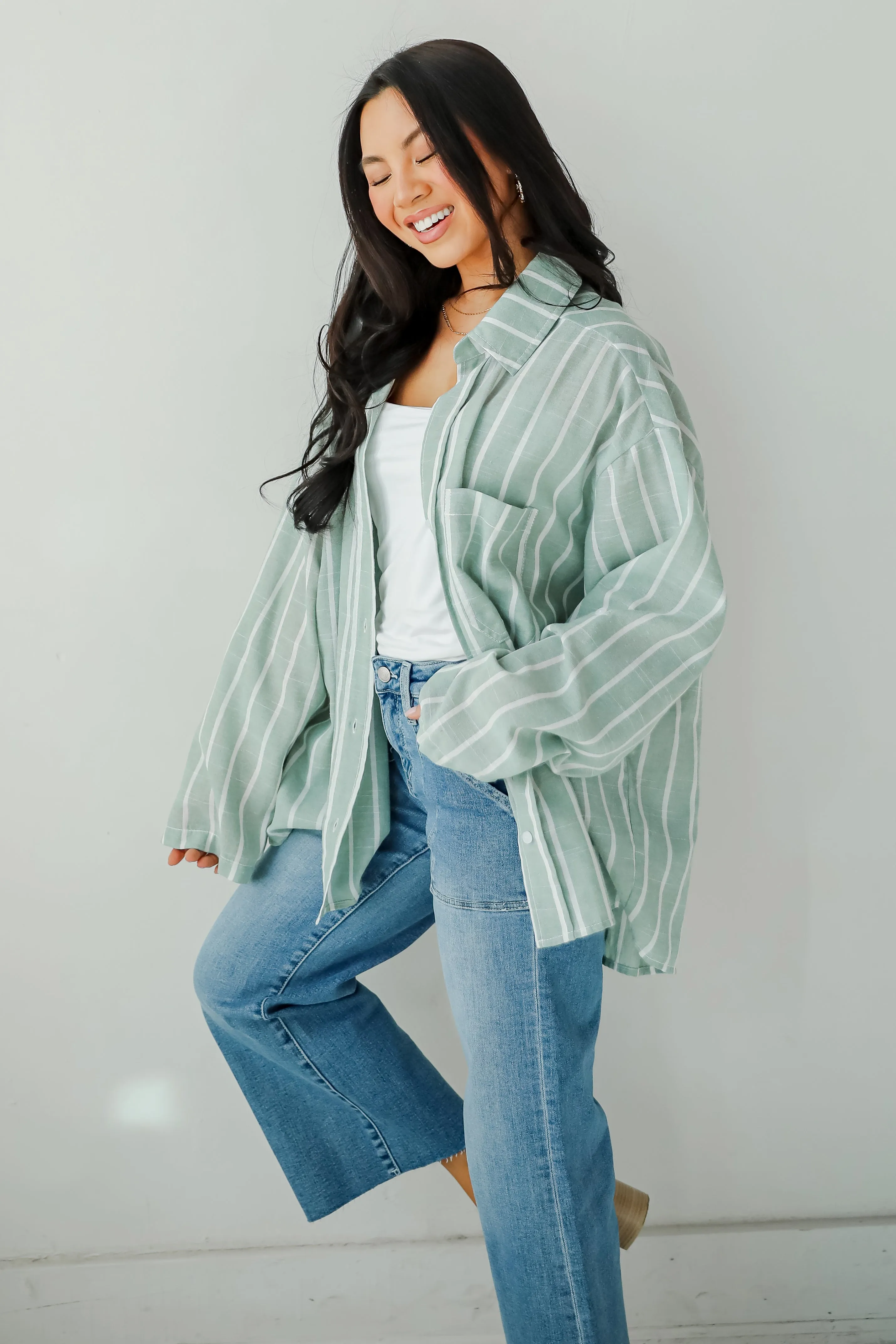 FINAL SALE - Pristine Muse Sage Striped Button-Up Blouse