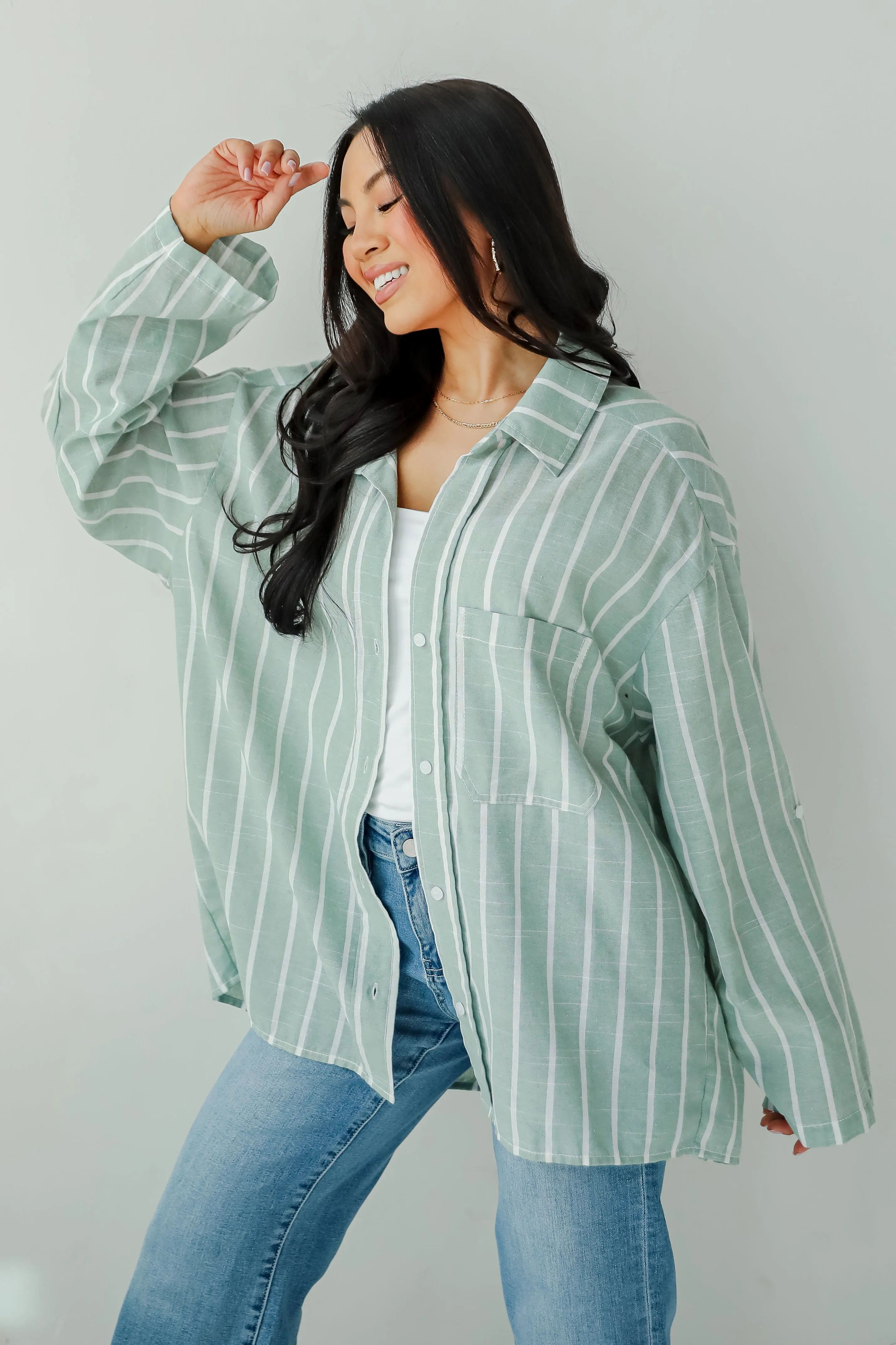 FINAL SALE - Pristine Muse Sage Striped Button-Up Blouse