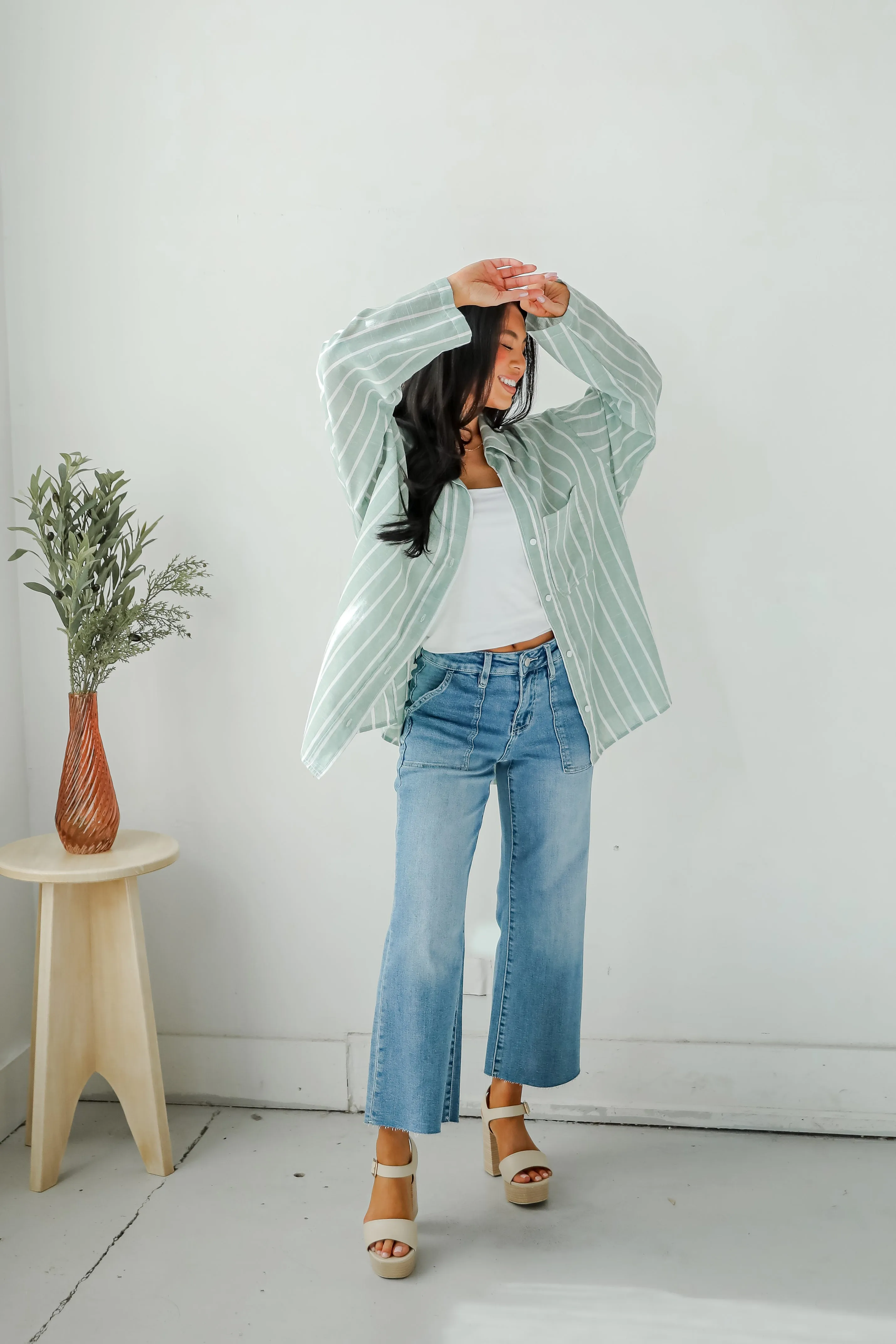 FINAL SALE - Pristine Muse Sage Striped Button-Up Blouse