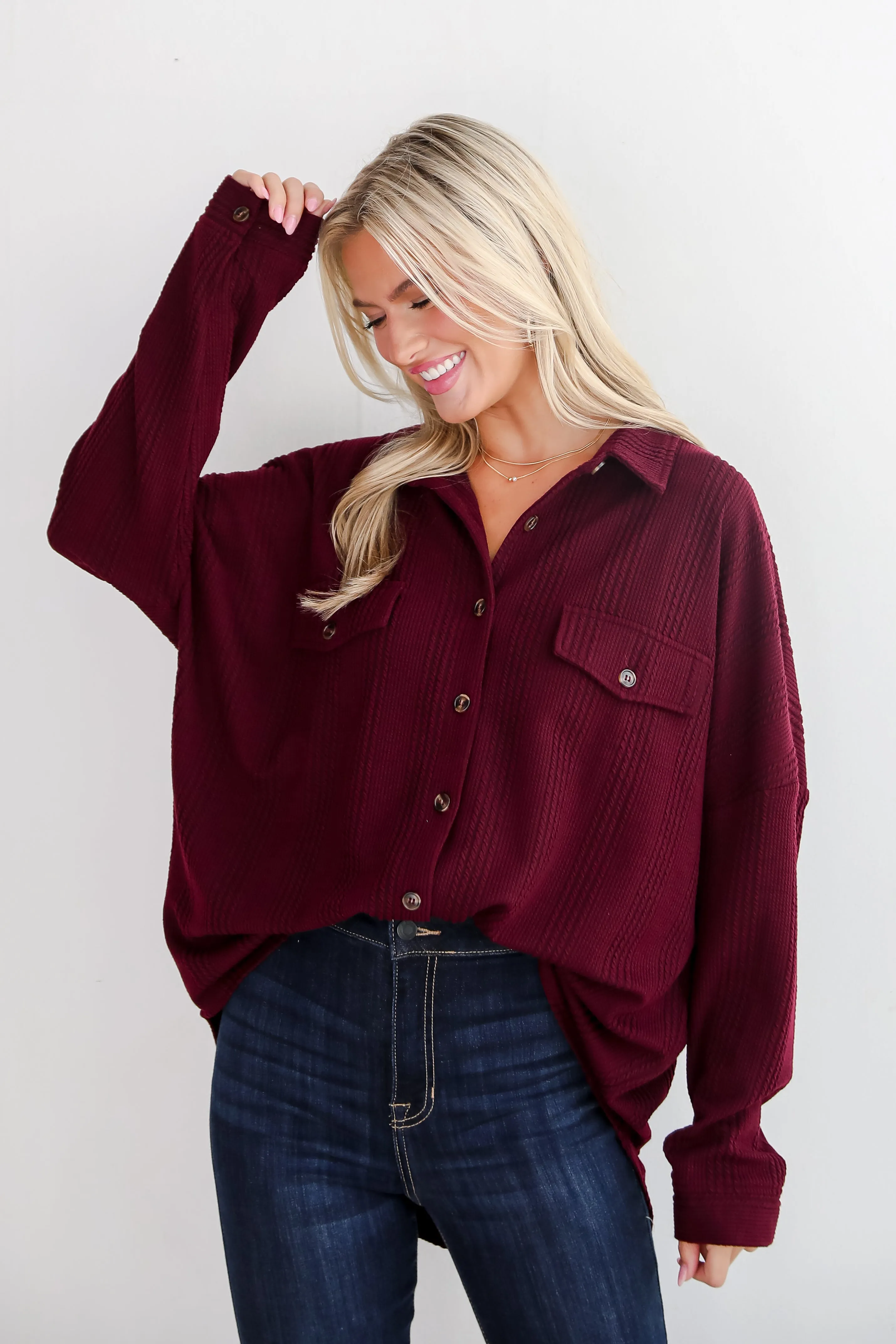 FINAL SALE - Reliably Cozy Wine Knit Button-Up Top