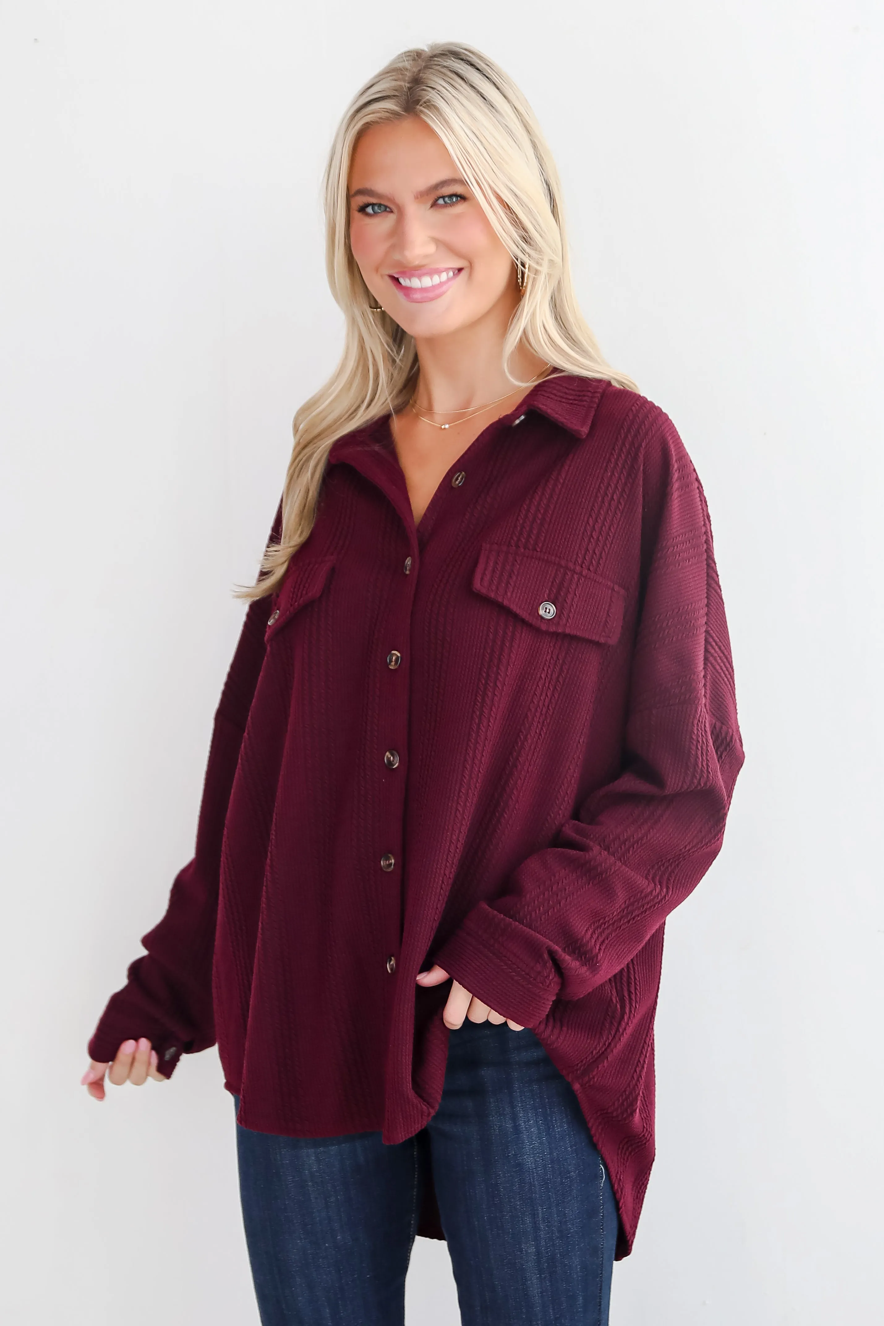 FINAL SALE - Reliably Cozy Wine Knit Button-Up Top