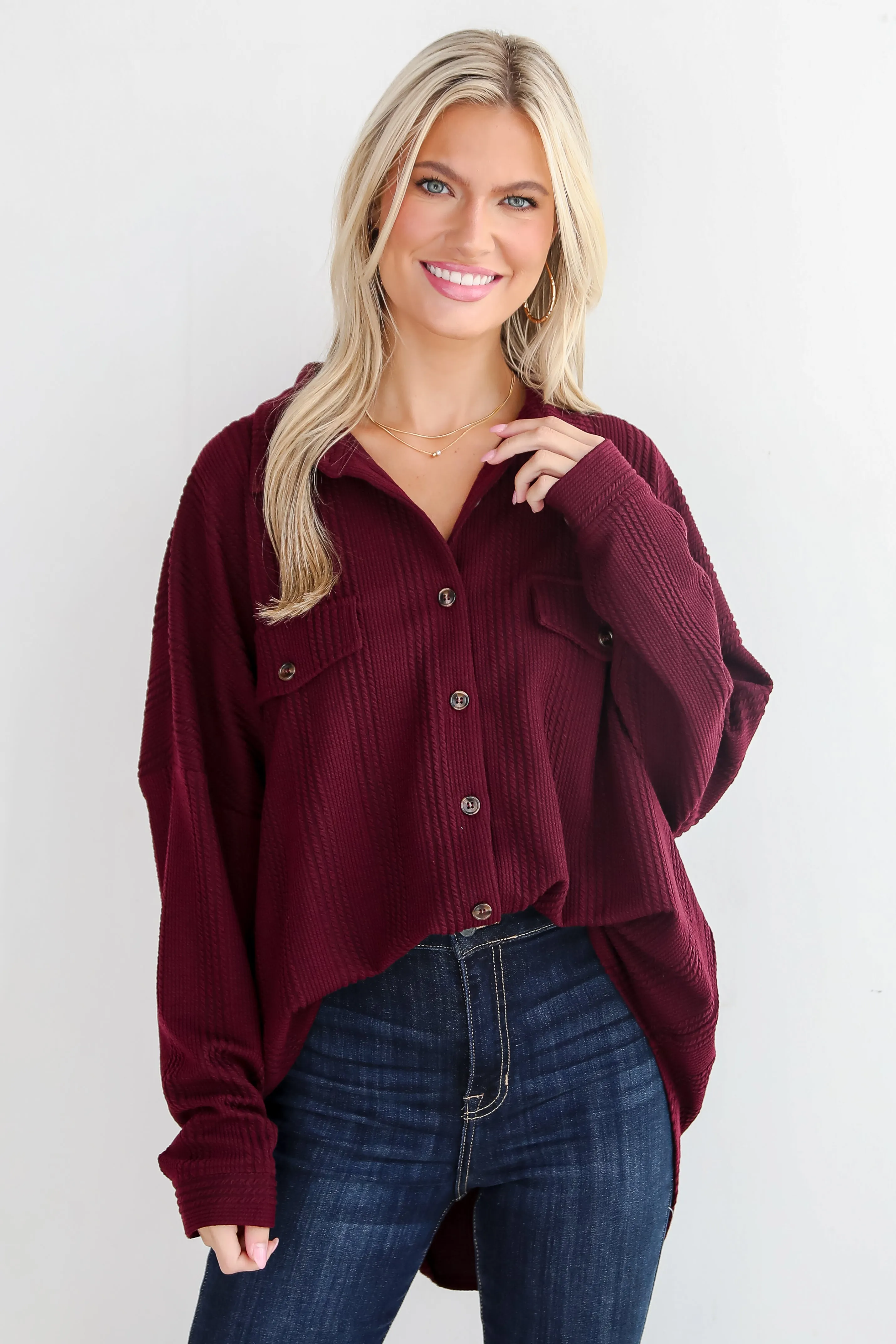 FINAL SALE - Reliably Cozy Wine Knit Button-Up Top