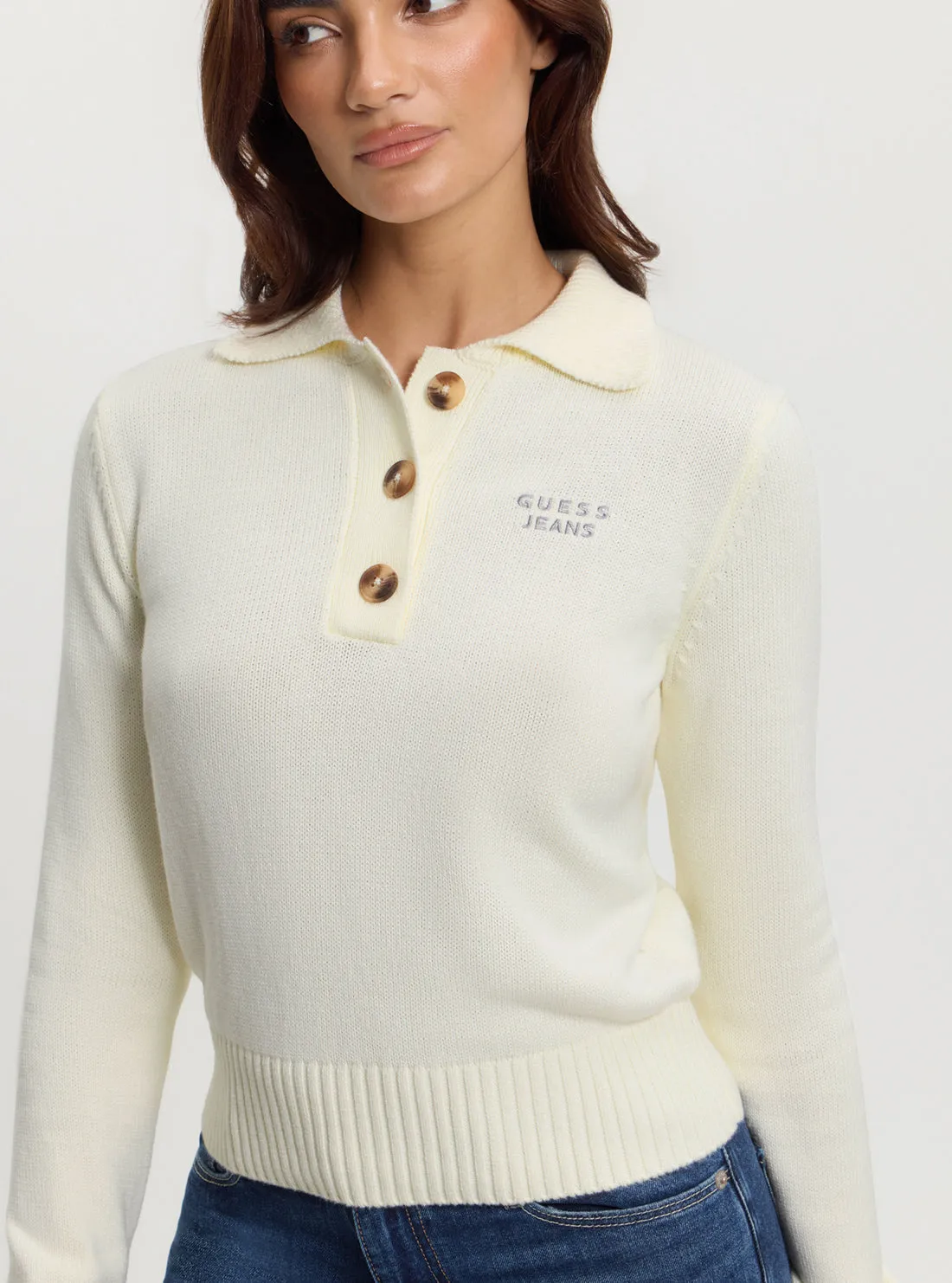 Guess Jeans White Polo Knit Jumper