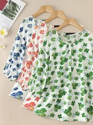 Holidays Floral Blouse Round Neck 3/4 Sleeve Top