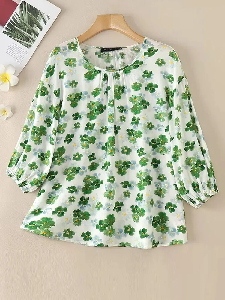 Holidays Floral Blouse Round Neck 3/4 Sleeve Top