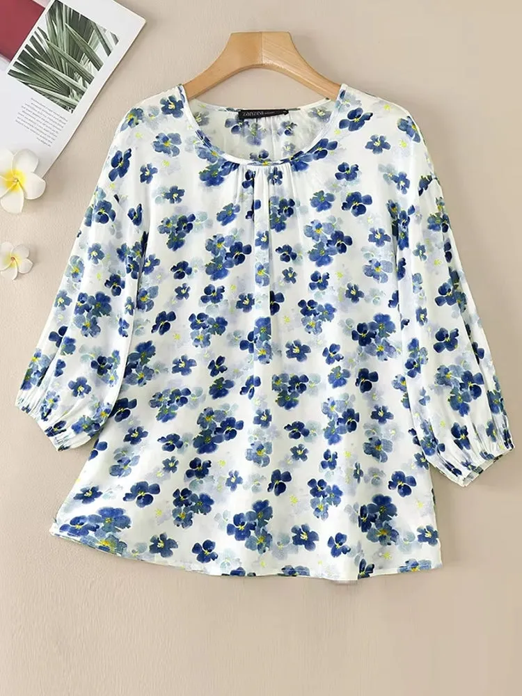 Holidays Floral Blouse Round Neck 3/4 Sleeve Top