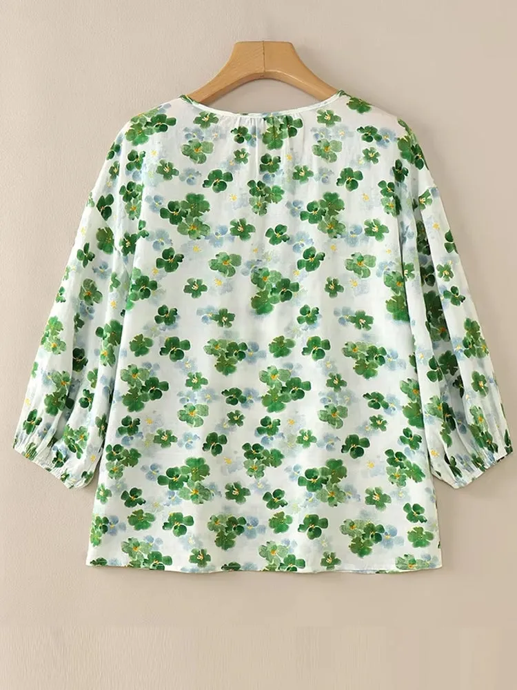 Holidays Floral Blouse Round Neck 3/4 Sleeve Top