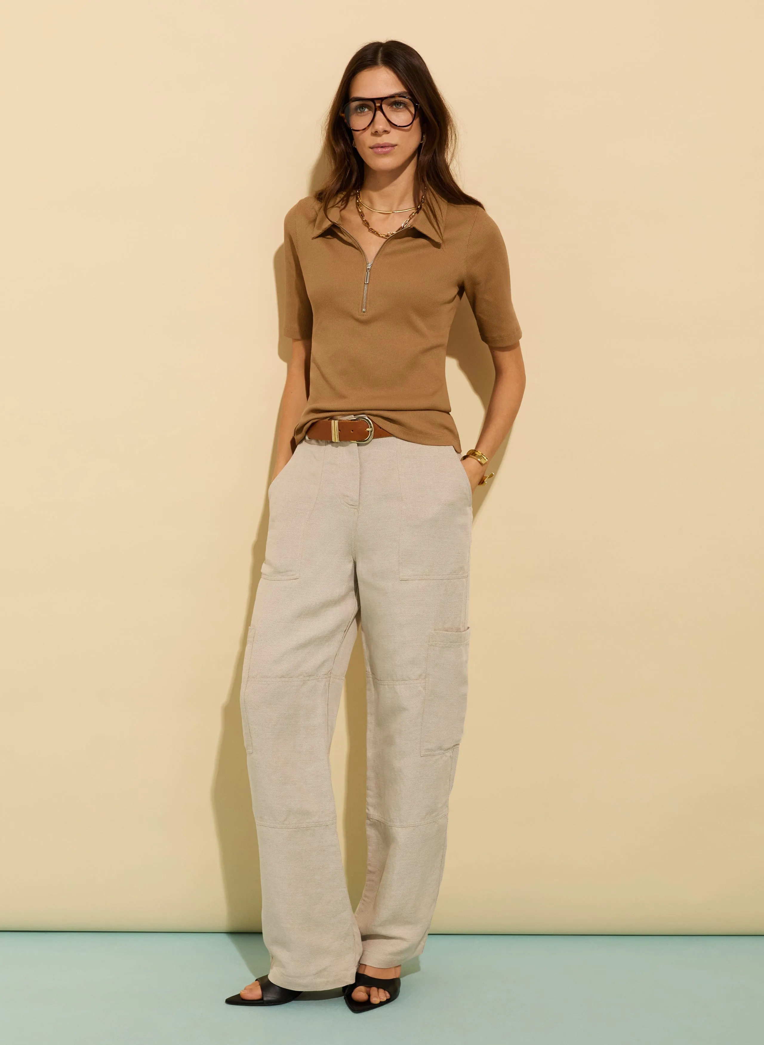 Ivy Organic Rib Zip Collar Top | Camel