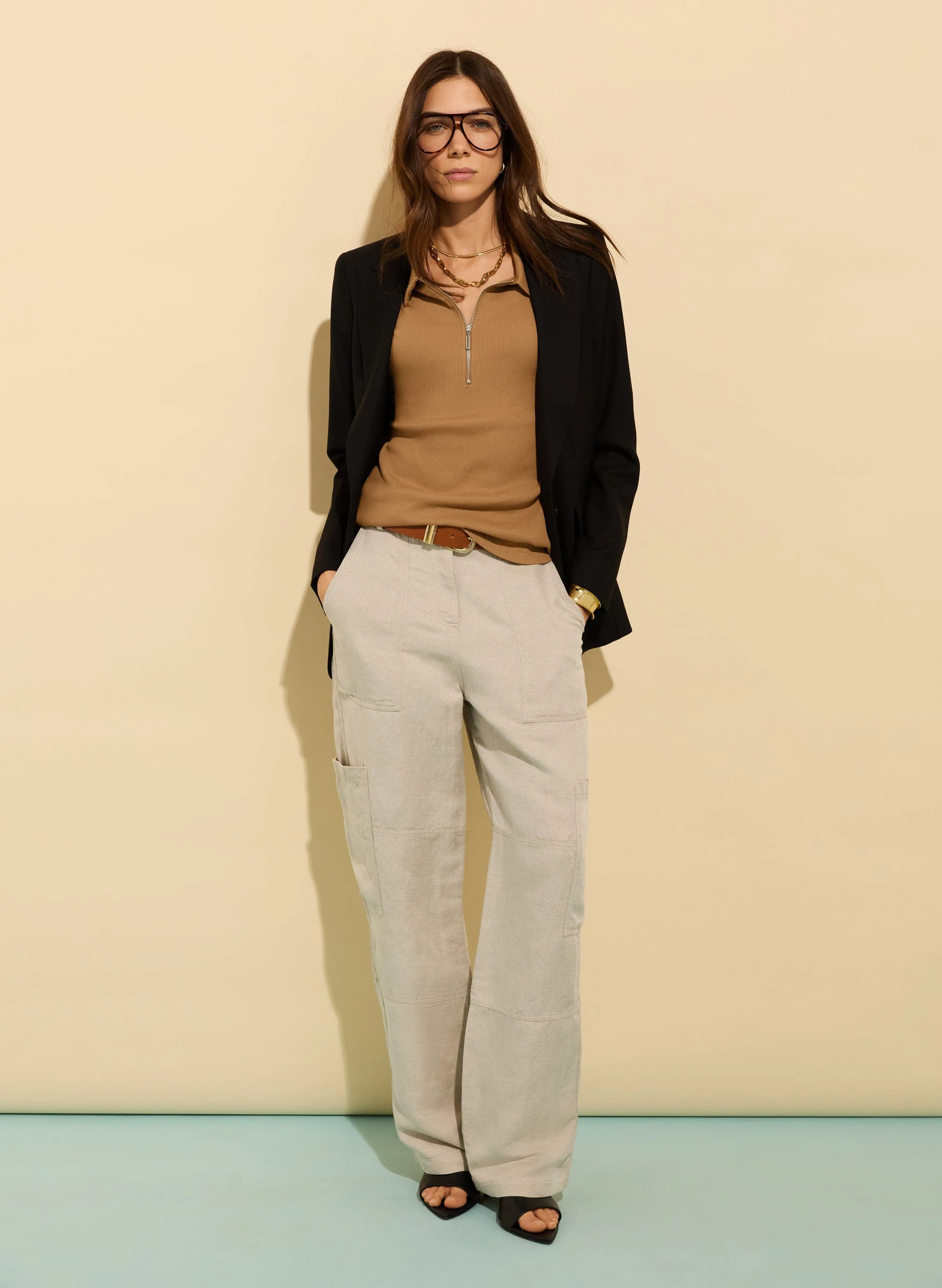 Ivy Organic Rib Zip Collar Top | Camel