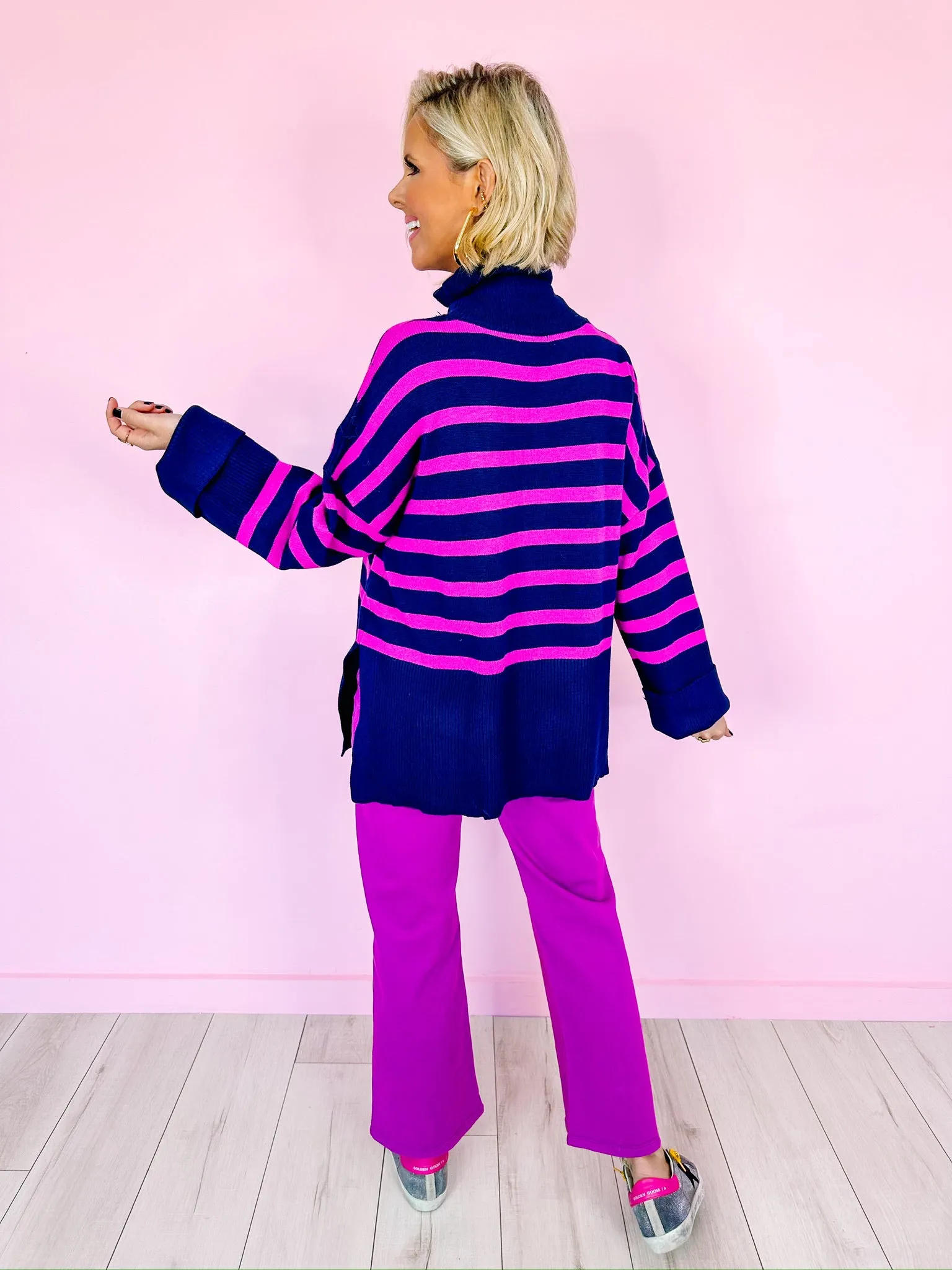 KARINA STRIPE TURTLENECK SWEATER - PURPLE/NAVY