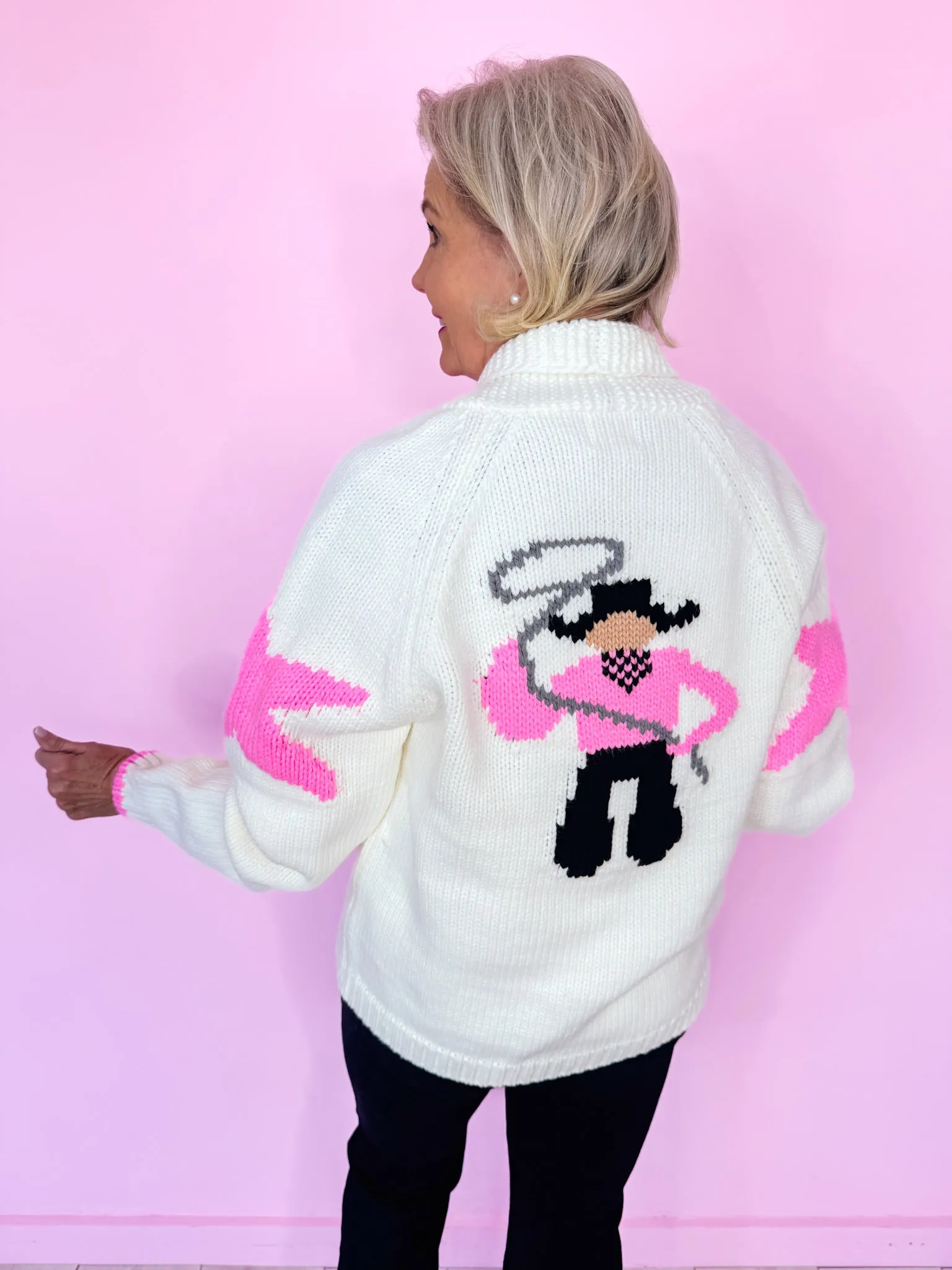 LASSO YOU IN COWBOY CARDIGAN - IVORY/PINK