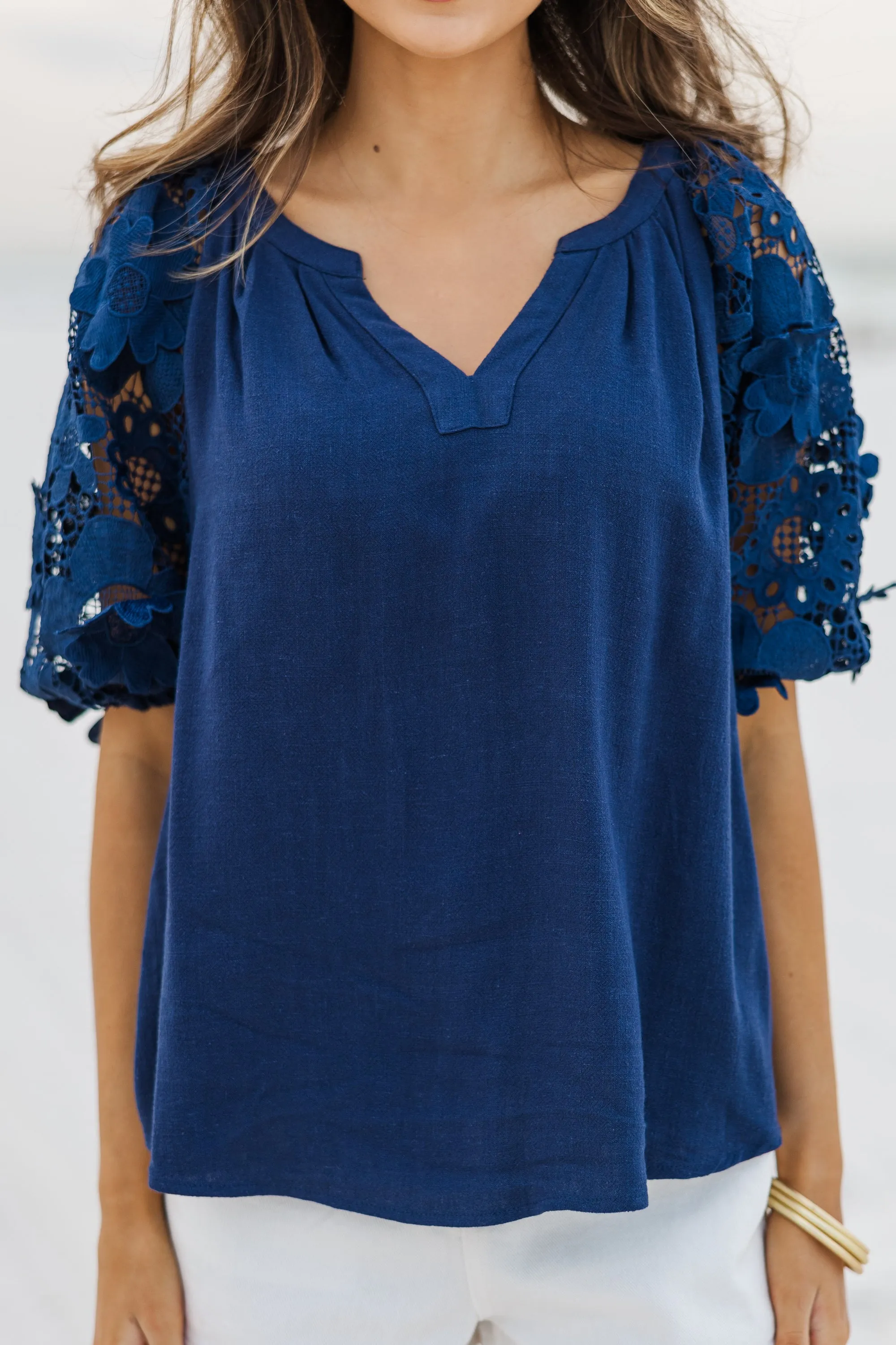 Look At You Now Navy Blue Crochet Blouse