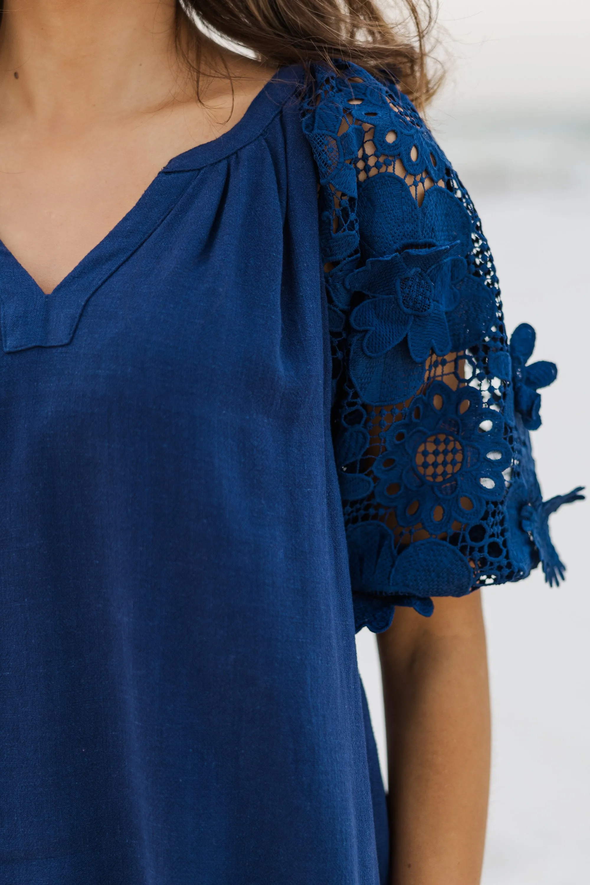 Look At You Now Navy Blue Crochet Blouse