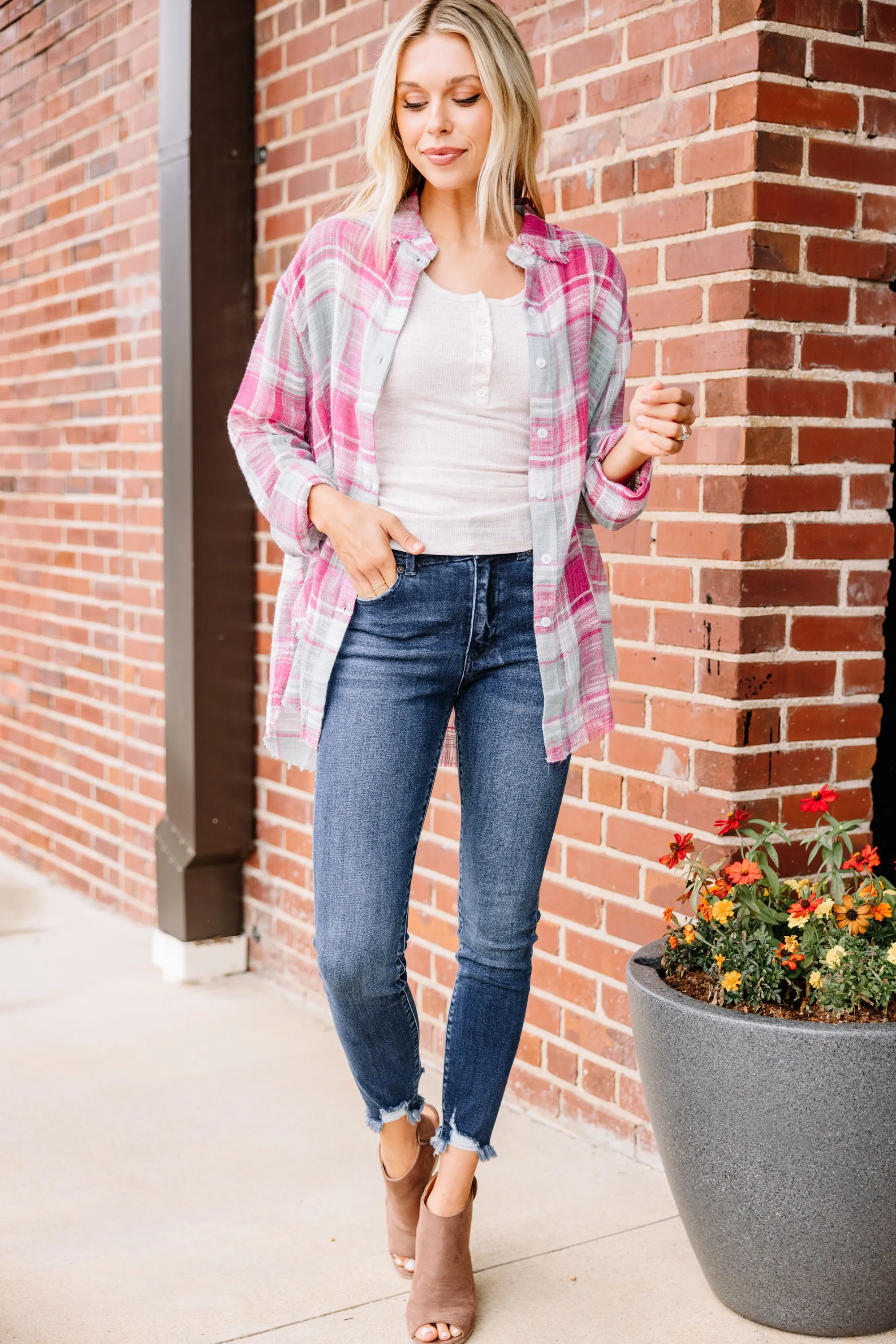 Looks Like Fun Pink Plaid Button Down Top