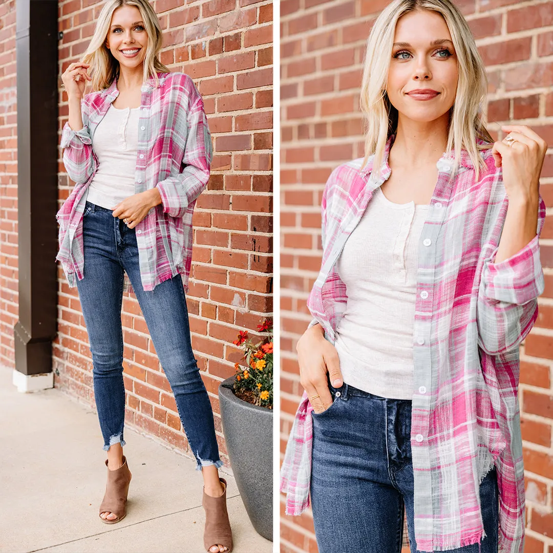 Looks Like Fun Pink Plaid Button Down Top