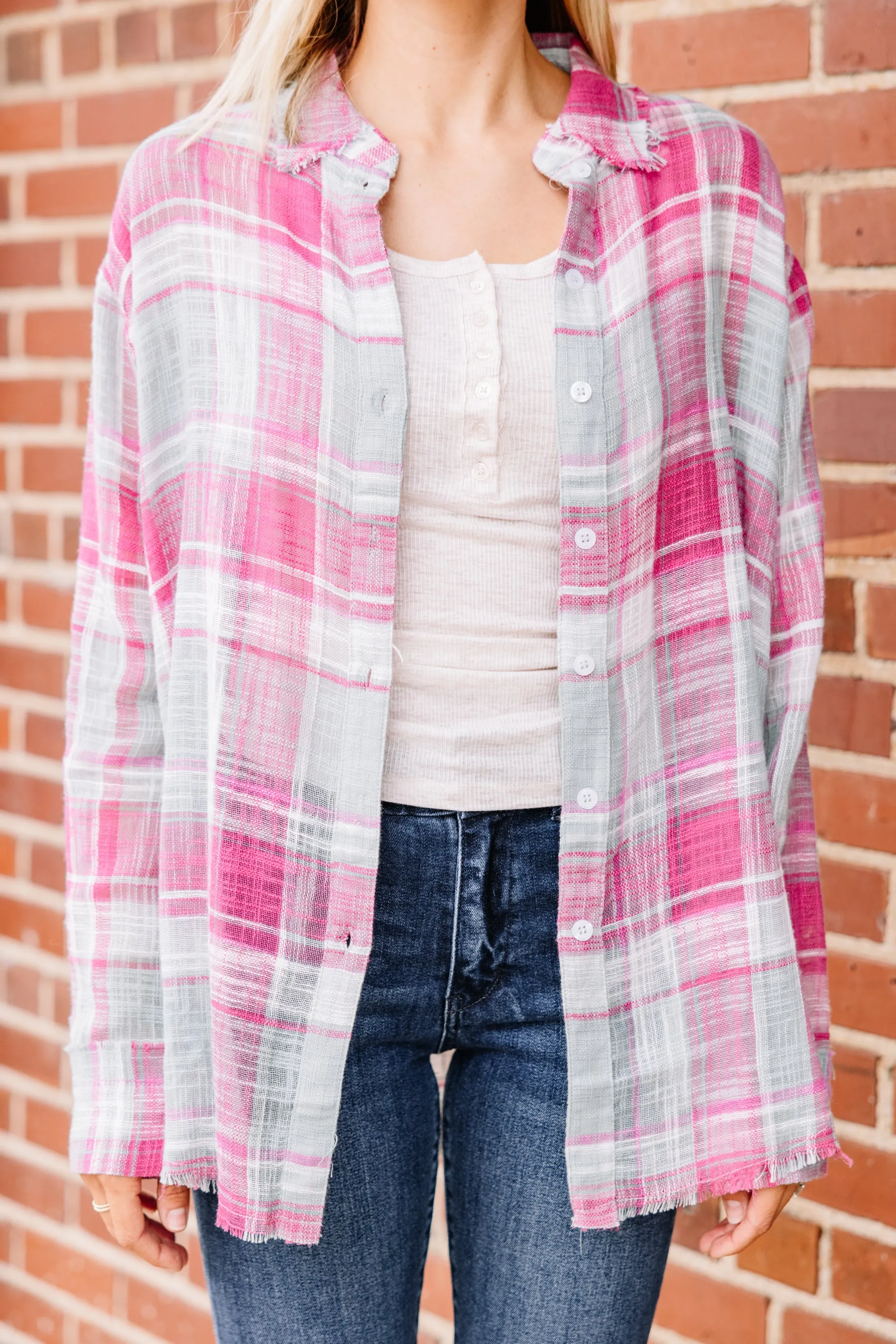 Looks Like Fun Pink Plaid Button Down Top