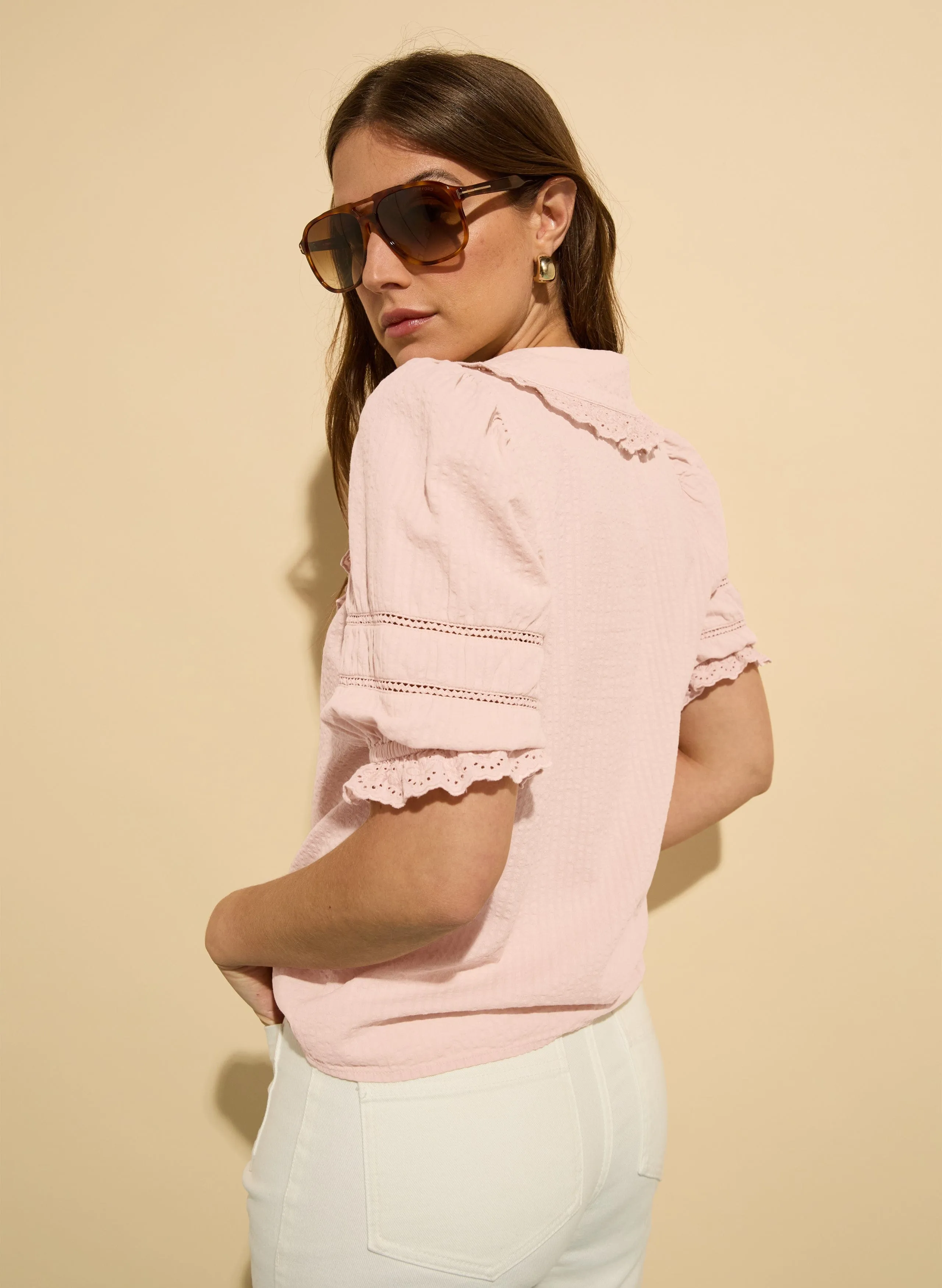 Marti Organic Cotton Broderie Detail Blouse | Powder Pink