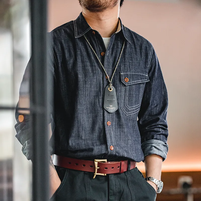 Men Jeans Indigo Washed Solid Work Shirt