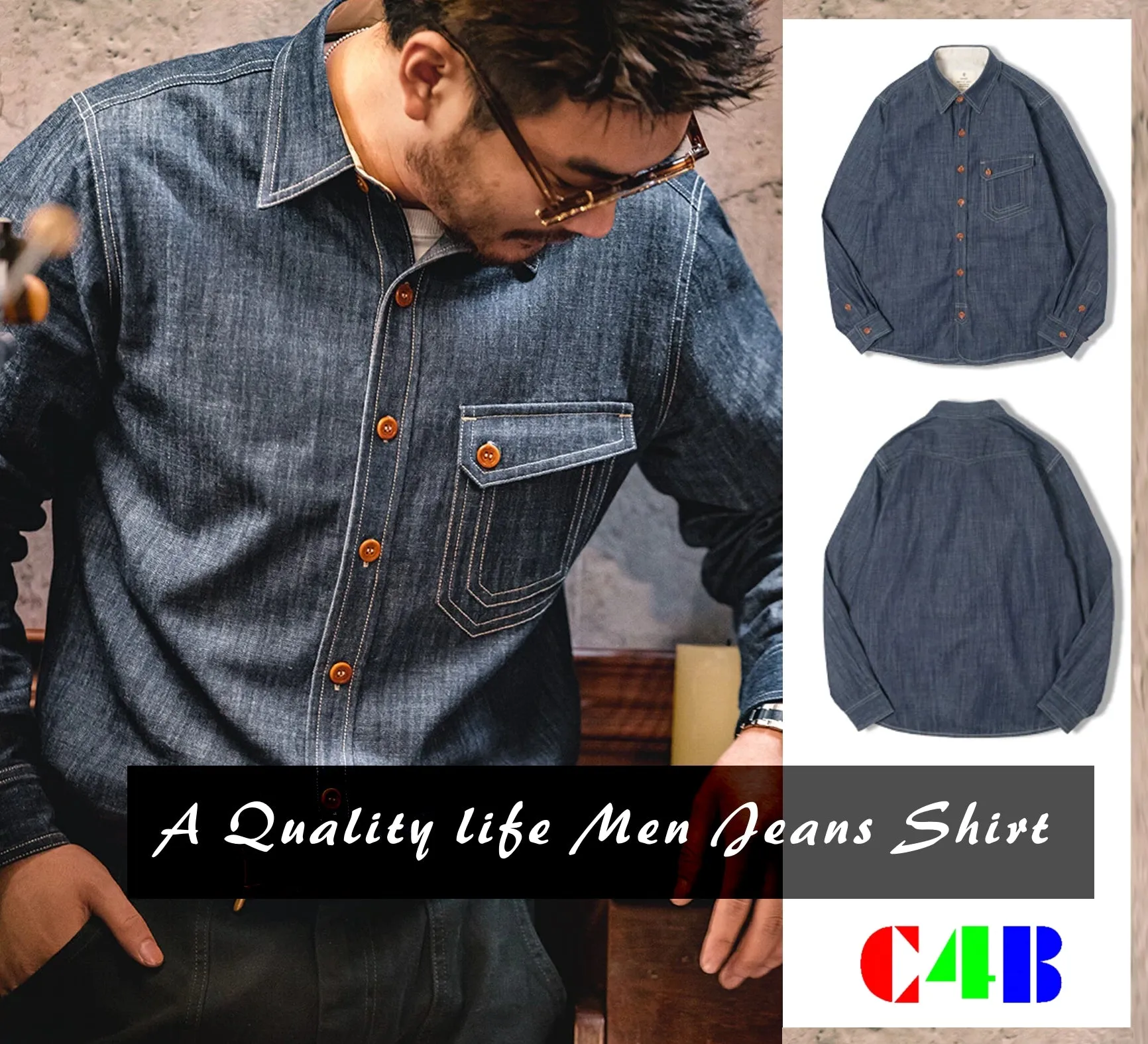 Men Jeans Indigo Washed Solid Work Shirt