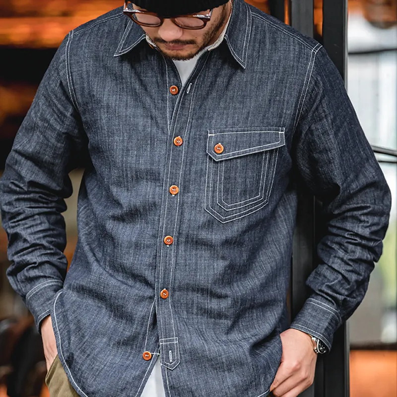 Men Jeans Indigo Washed Solid Work Shirt