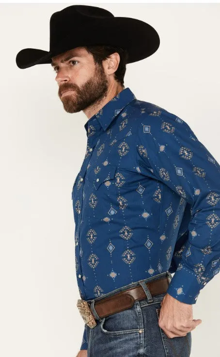 Men's Ely Cattleman Long Sleeve All Over Southwestern Print Western Snap Shirt - Blue 152027089
